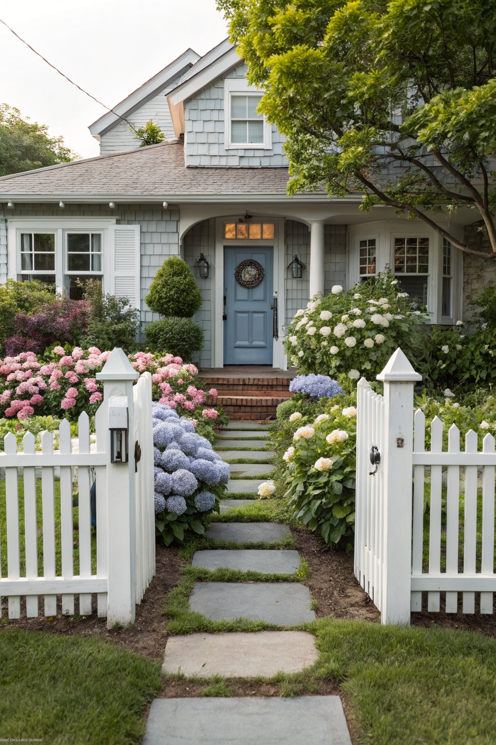 White picket fence gate opens to a stone path lined with pink, white, and blue hydrangea bushes leading to the blue front door of a shingle-style house surrounded by greenery.