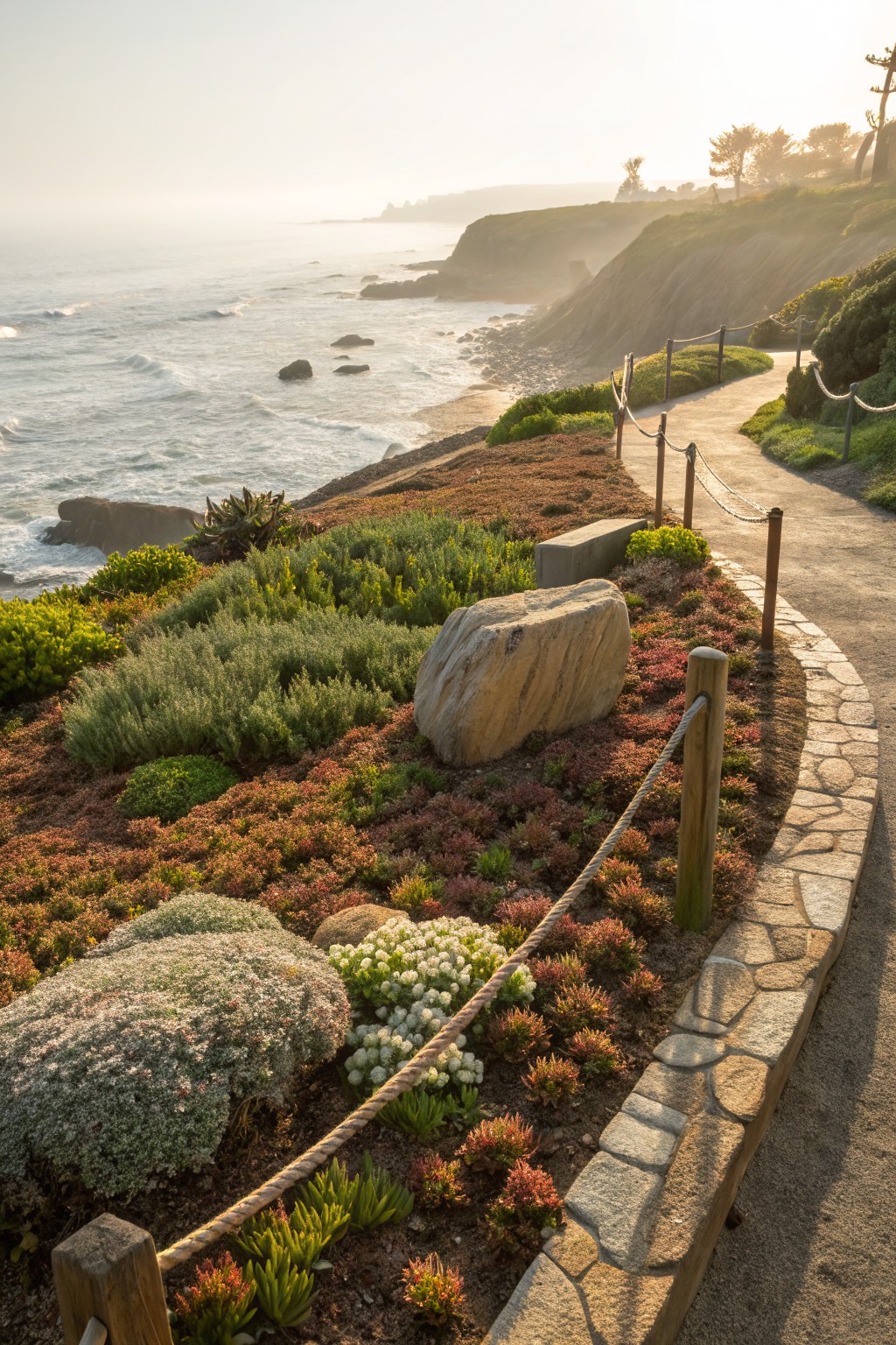 Winding stone path bordered by large boulders, colorful succulents, shrubs, and rope fencing on a coastal cliff overlooking the ocean and waves.