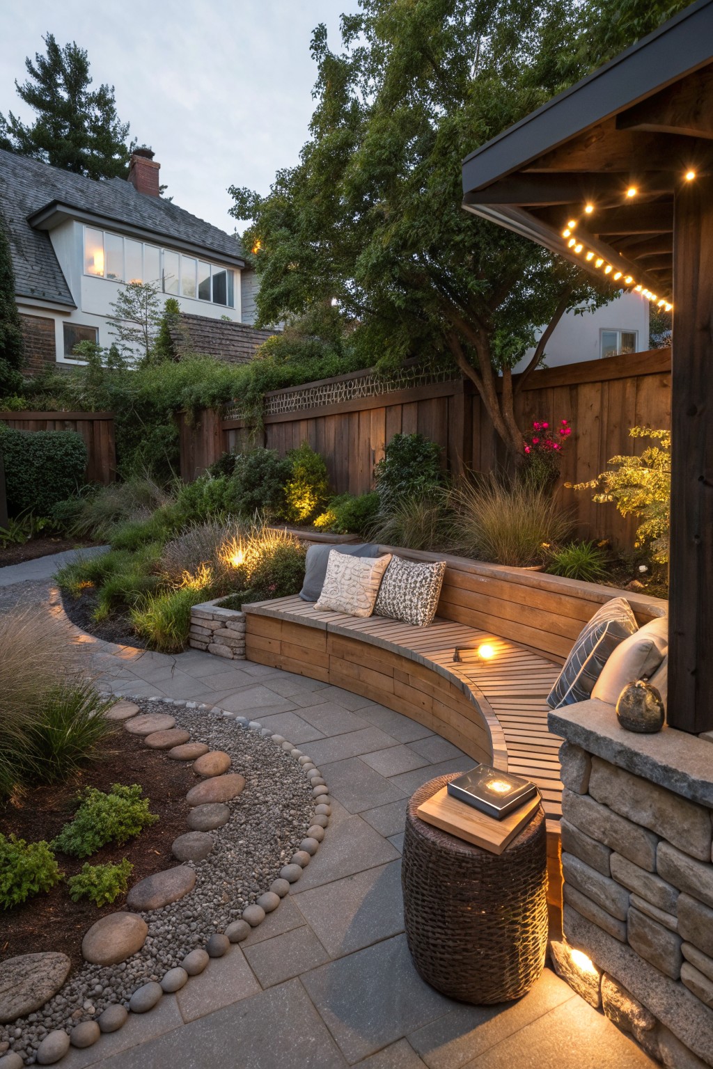 Curved gray paver path in a backyard garden bordered by pebbles and larger rocks, with low plants, a wooden bench seat, and warm lighting.