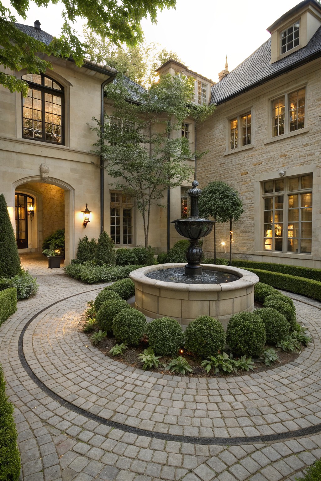 Beige stone house courtyard with circular light paver path edged by dark stone border, central black fountain, boxwood shrubs, and arched entryway.