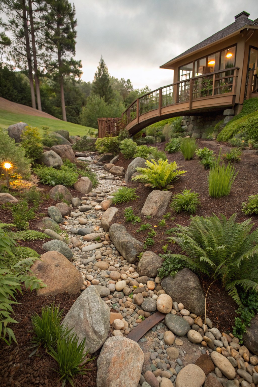 Winding dry creek bed path of pebbles and boulders edged with ferns, grasses, and shrubs leading under a wooden arched bridge to a small pavilion amid trees and greenery.