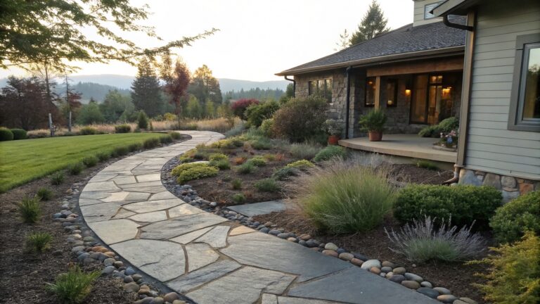 Curved irregular flagstone pathway bordered by dark gravel, white pebbles, larger rocks, and ornamental grasses and shrubs leading toward a house exterior.