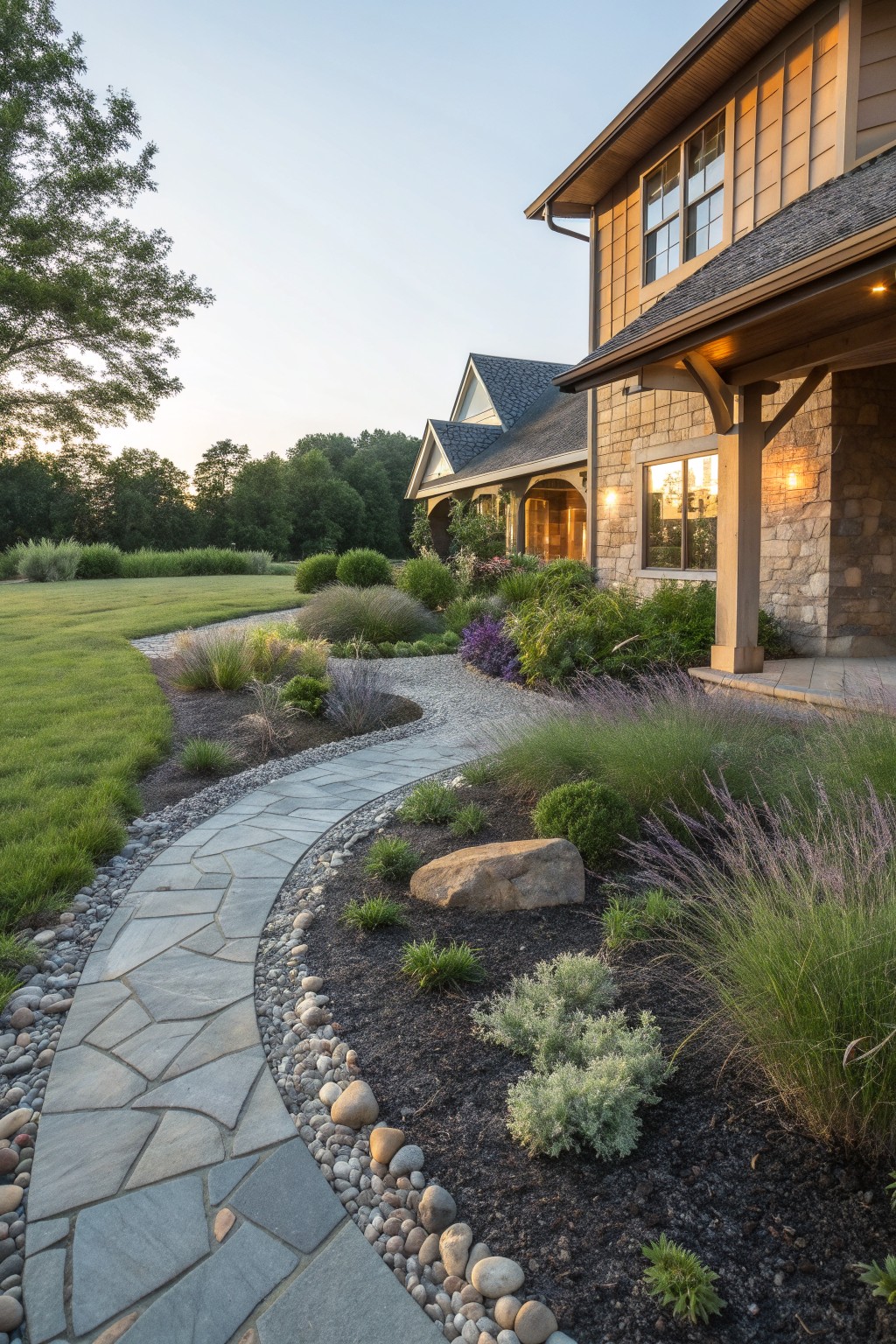 Curved irregular flagstone pathway bordered by dark gravel, white pebbles, larger rocks, and ornamental grasses and shrubs leading toward a house exterior.