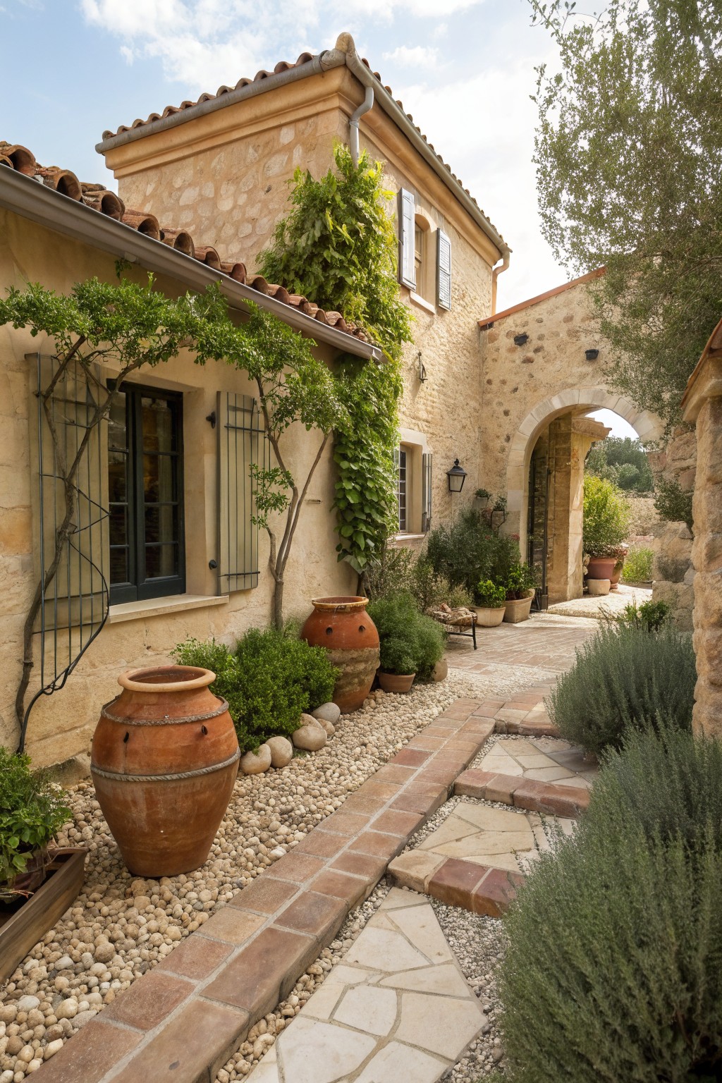 Stone pathway with brick and slab steps edged by white pebbles and gravel, flanked by terracotta pots, shrubs, and vines against a beige stone house wall leading to an arched entry.