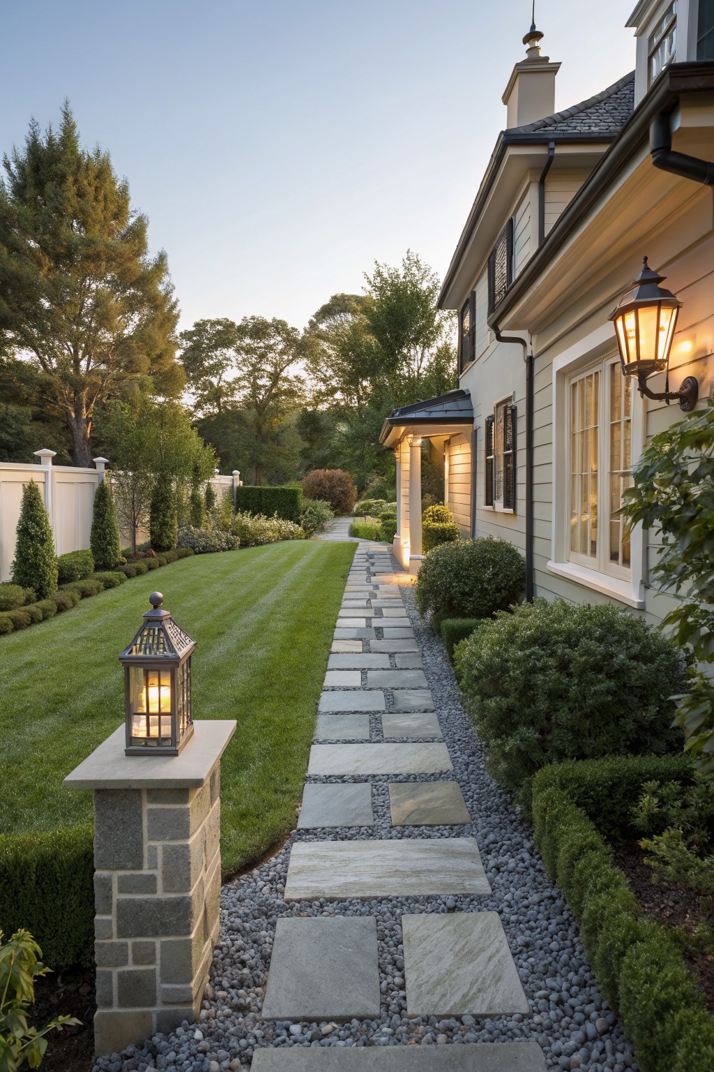 Stone slab pathway bordered by gravel and low evergreen shrubs runs through a lawn toward a beige shingle-style house with lanterns and trees in the background.