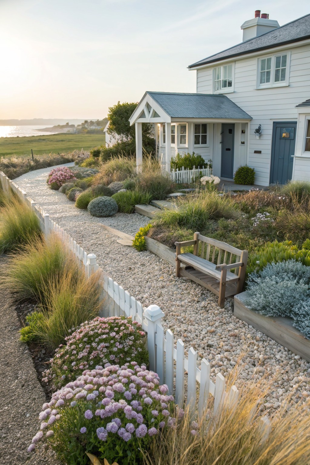 Winding gravel path edged by ornamental grasses, shrubs, and a white picket fence leading to a white clapboard house with blue front door and coastal view in evening light.