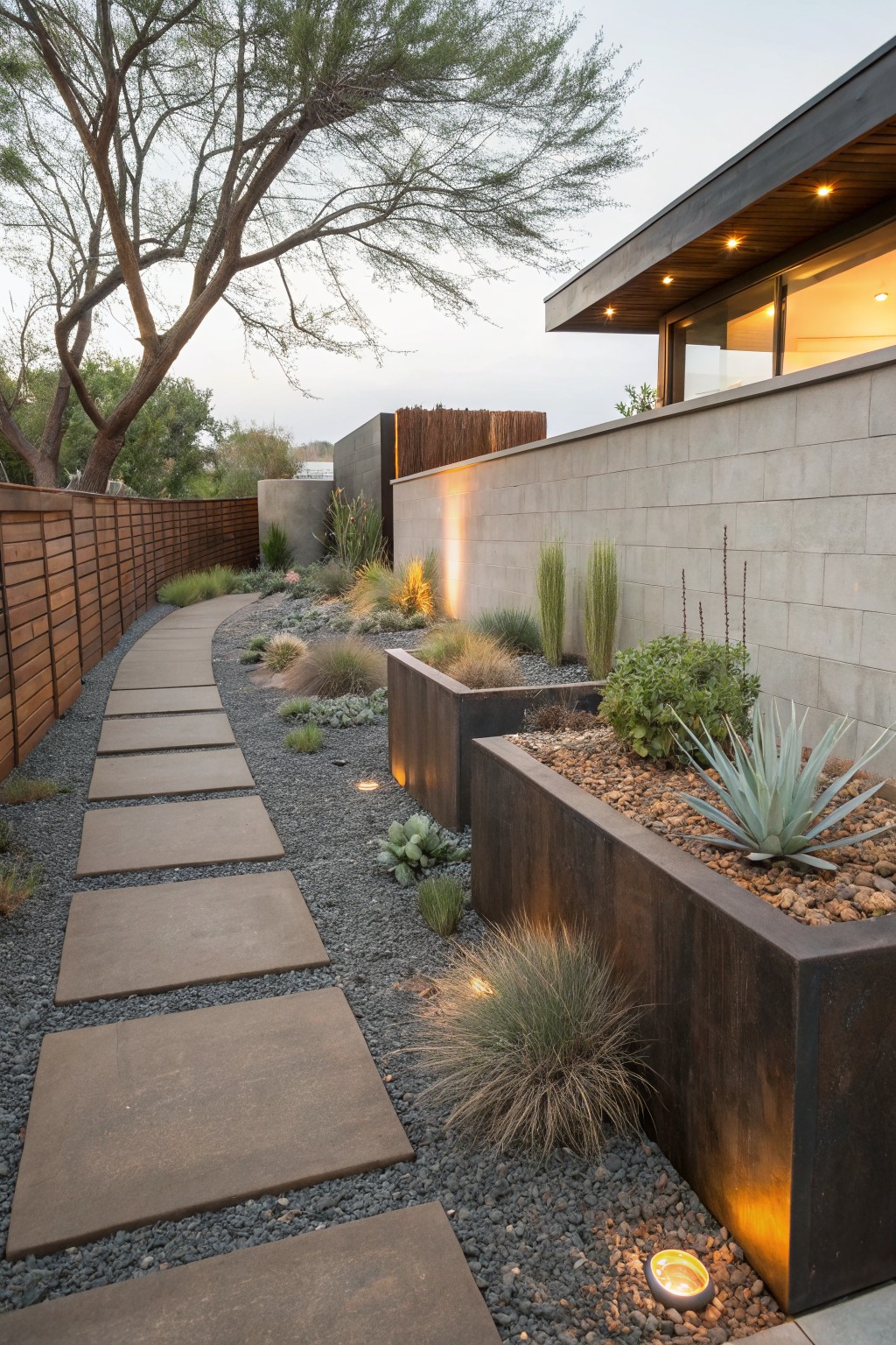 Winding garden path of large rectangular brown stone pavers set into gray gravel groundcover, lined with grasses, succulents, and raised rectangular metal planters filled with rocks and agave plants, next to a beige stucco wall and wooden fence under evening light.