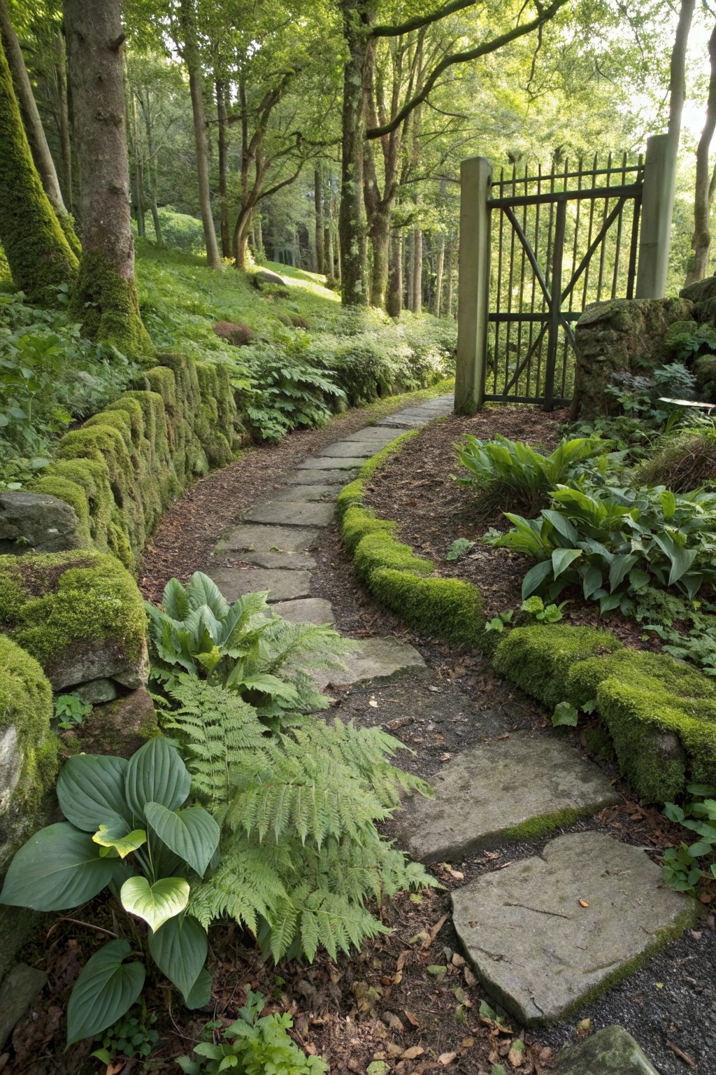 A winding flagstone path bordered by moss-covered low stone walls and lush ferns and hostas leads toward a black wrought-iron gate in a green forested garden.
