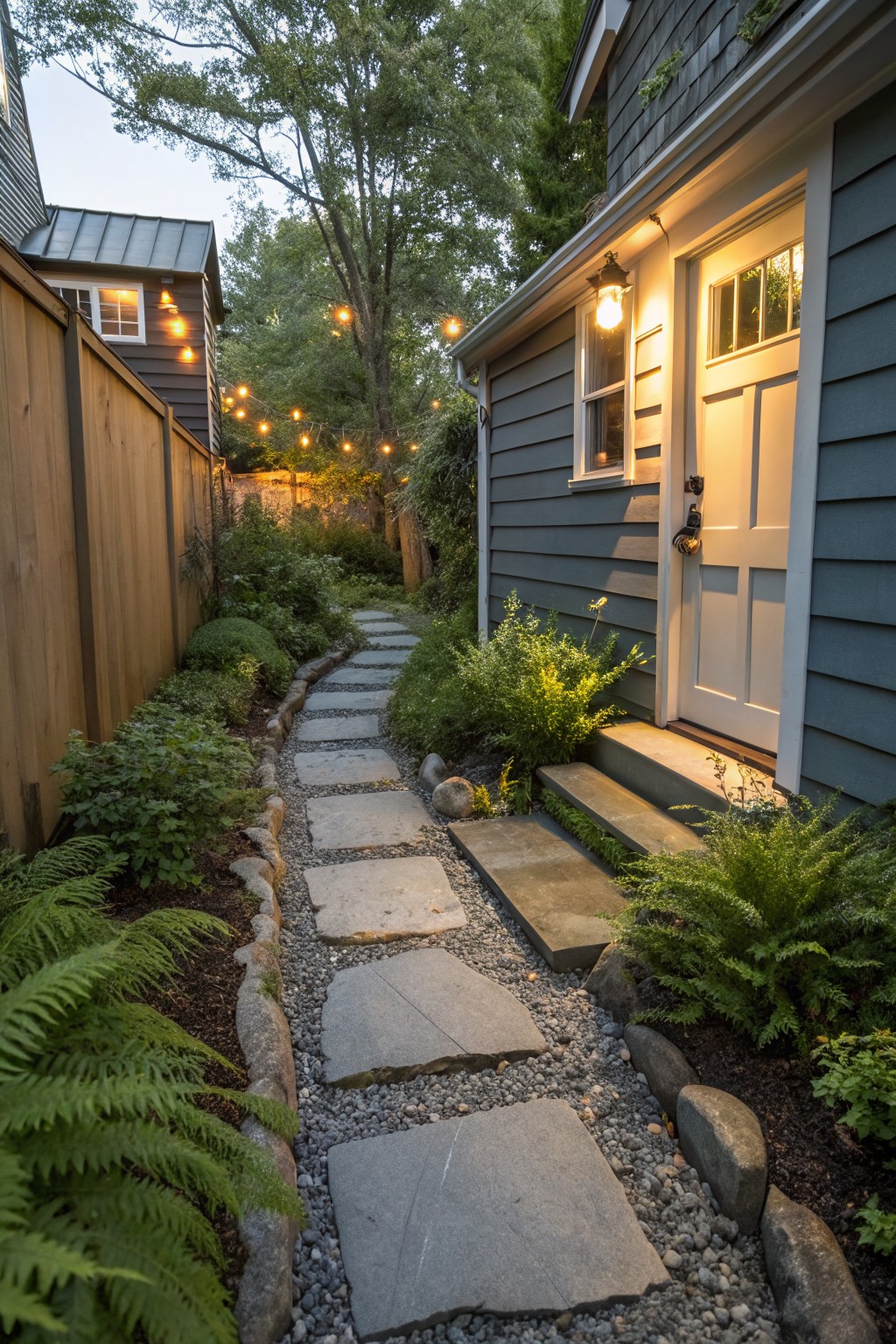 Winding stone slab pathway edged with rocks, gravel, ferns, and shrubs leading to the side door of a gray shingle house beside a wooden fence.