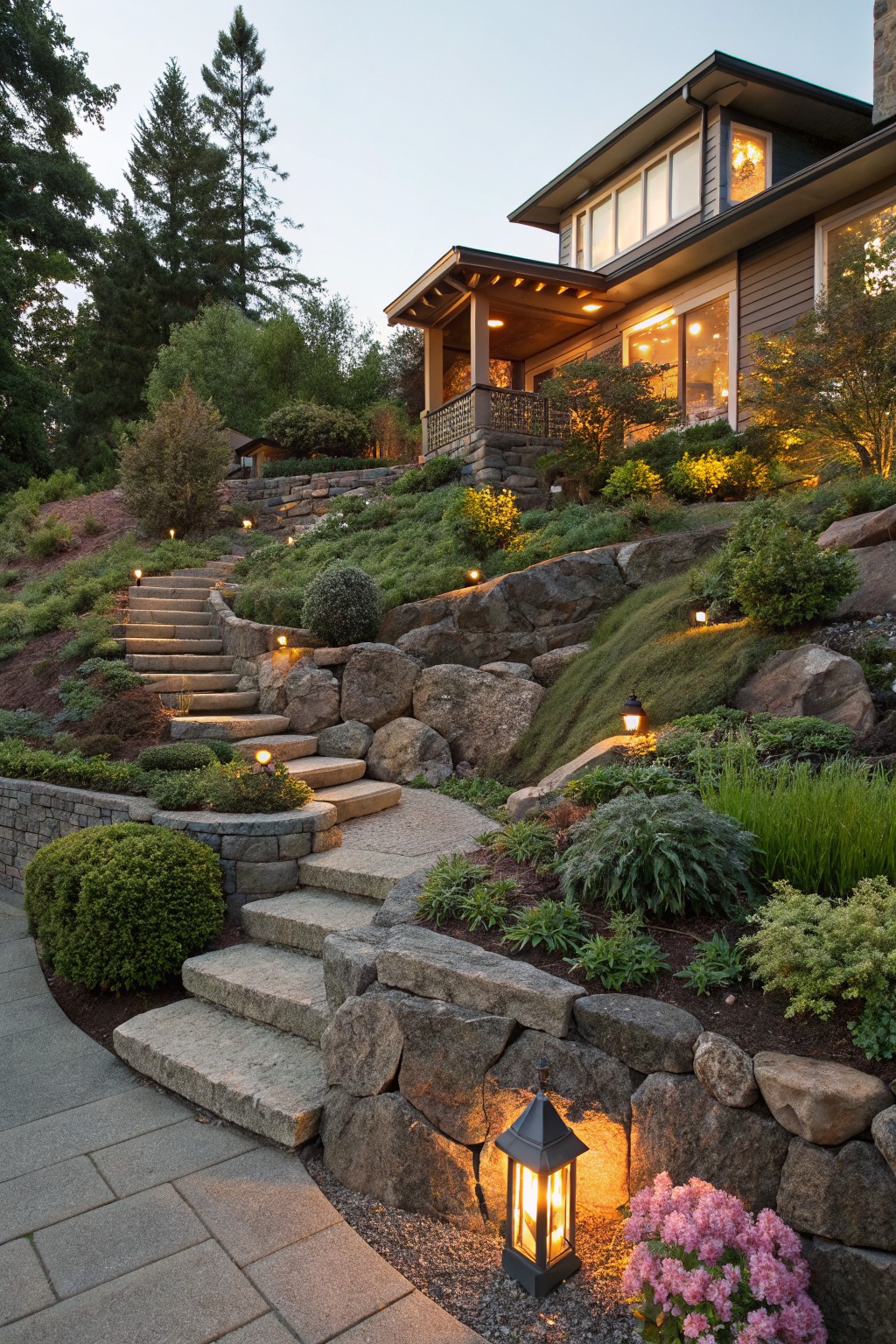 Stone steps winding up a wooded slope to a house, bordered by large boulders, rock retaining walls, low plants, grasses, shrubs, and landscape lanterns.