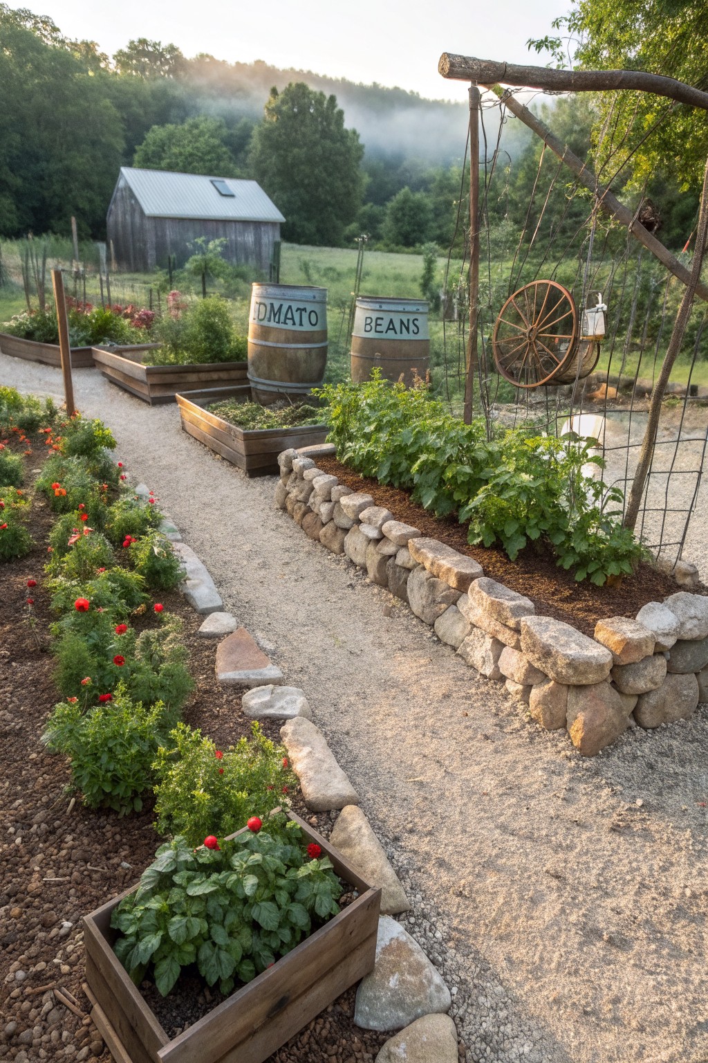 Gravel garden path bordered by a low dry-stacked stone wall next to wooden raised beds with tomato and bean plants, wooden barrels labeled TOMATO and BEANS nearby, and a rustic barn in the misty background.