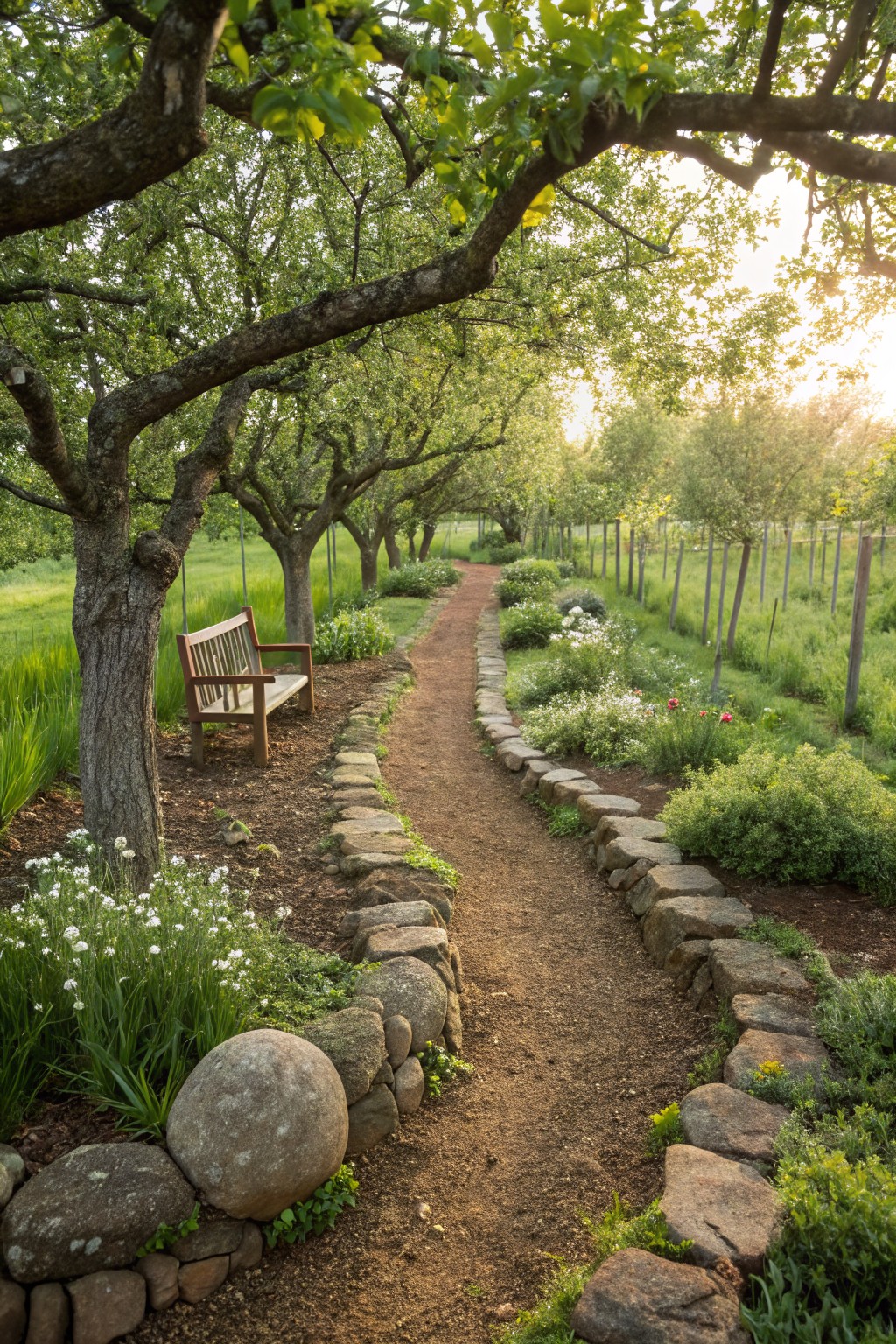 Winding gravel garden path edged by irregular dry-stacked stone walls with plants and flowers along one side, apple trees overhead, and a wooden bench under a tree.
