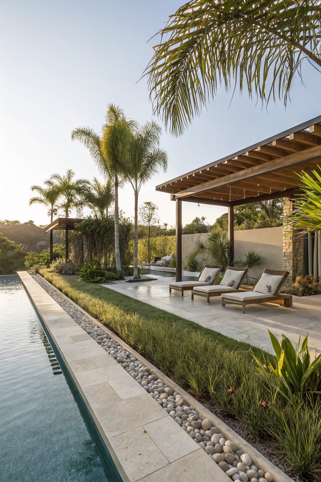 Long infinity-edge pool with beige stone coping edged by smooth white pebbles separating it from a narrow grass strip and tropical plants, next to teak lounge chairs on a tiled terrace with wooden pergola and palm trees.