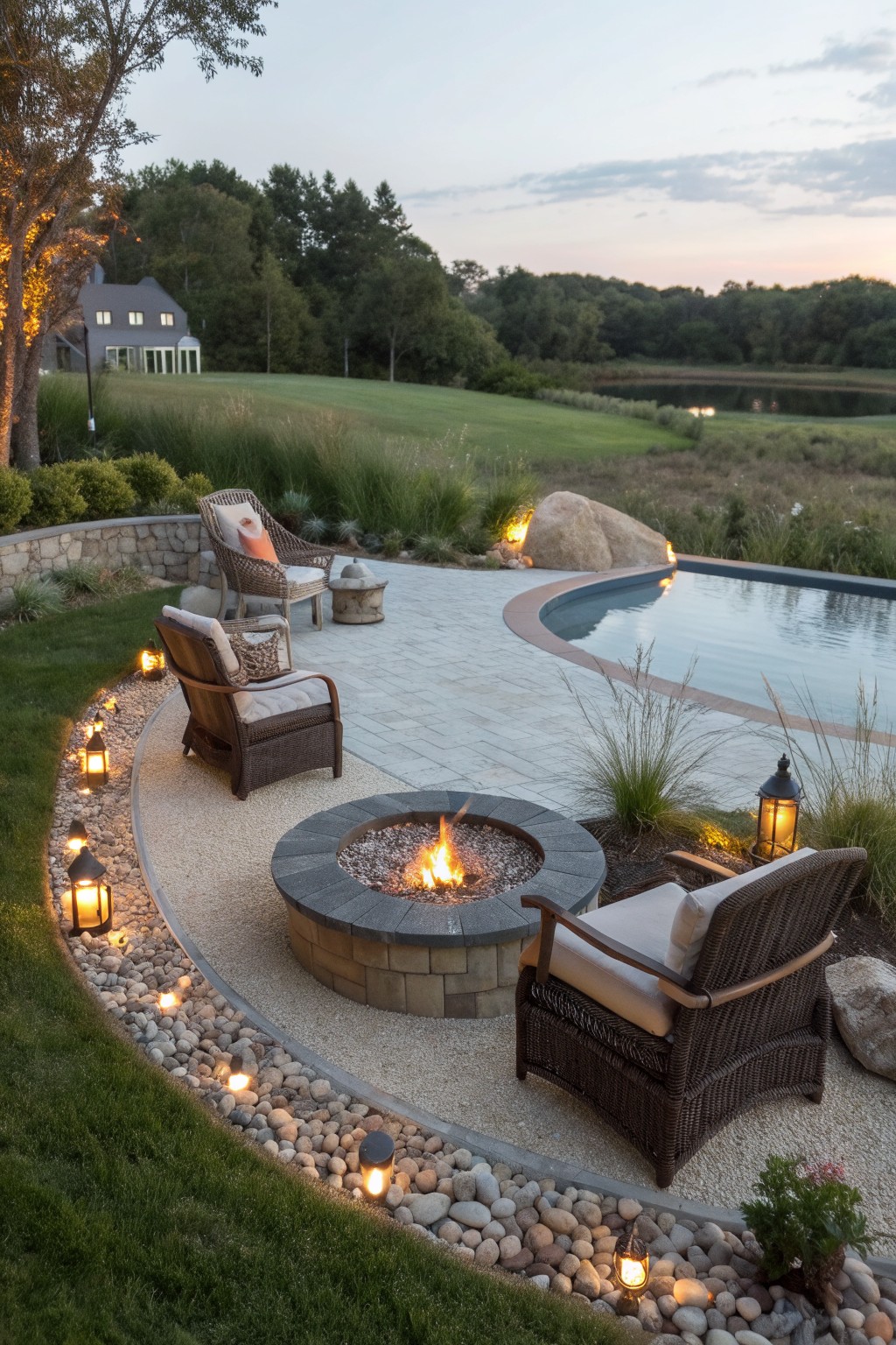 Curved patio with stone fire pit, wicker chairs, pool, pebble borders edged with lanterns, grass, and distant house and pond.