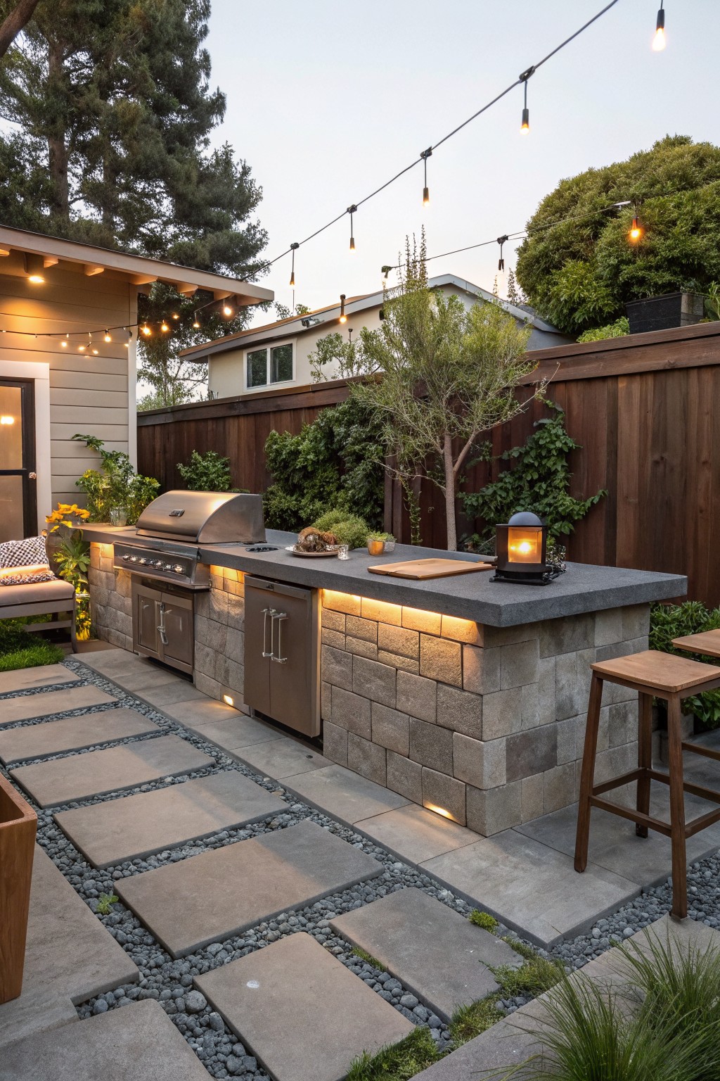 Outdoor kitchen built on stacked stone base with stainless steel grill and countertop, adjacent large rectangular pavers separated by pebble gravel borders, wooden bar stools, plants, and overhead string lights in a backyard patio area.