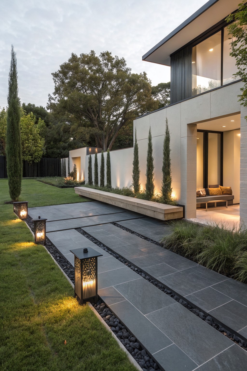 Exterior view of a modern house with a straight slate tile pathway bordered by black pebbles and gravel, lit by metal lanterns, surrounded by grass lawn and tall cypress trees leading to an entry bench.