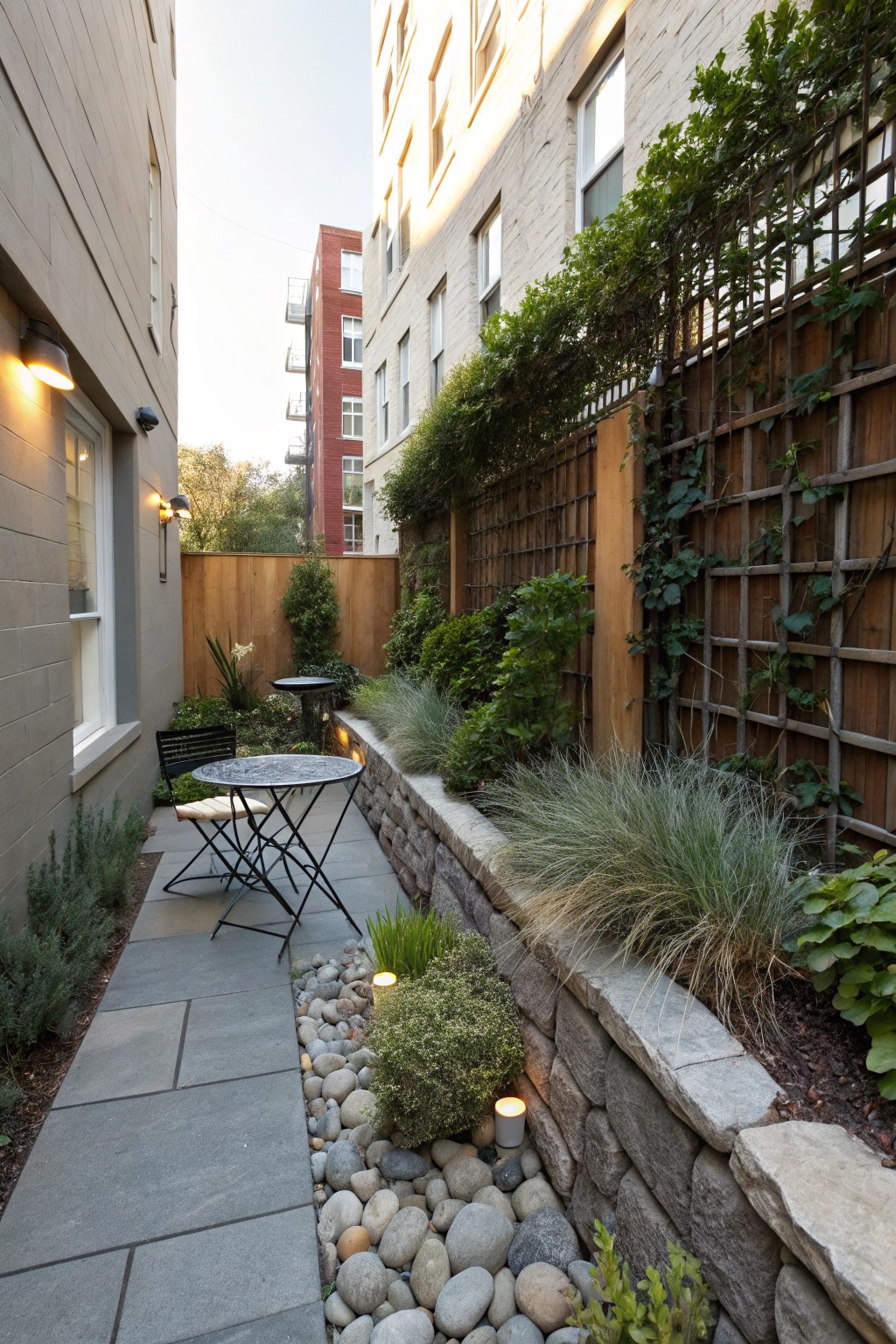 Narrow gray slate stone pathway bordered by smooth rounded river rocks and gravel, next to a planted stone retaining wall, with small metal table and chairs, shrubs, grasses, and vine-covered wooden trellis fence in a urban alleyway setting.