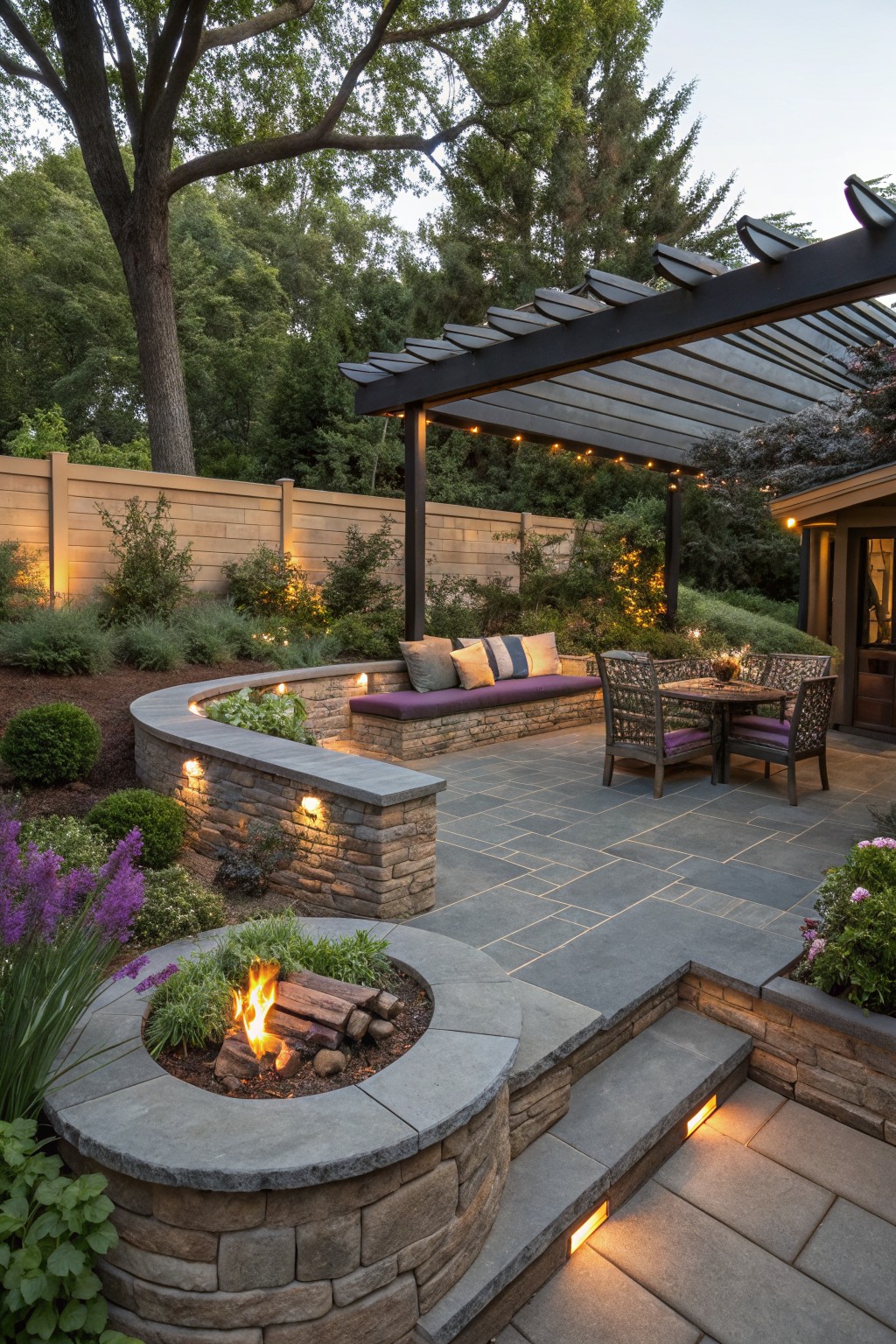 Backyard patio with curved stone retaining wall topped by cushioned bench, central circular stone fire pit with flames, gray slate paver floor, plants in borders, wicker dining set under black pergola with string lights, and wood fence backdrop.