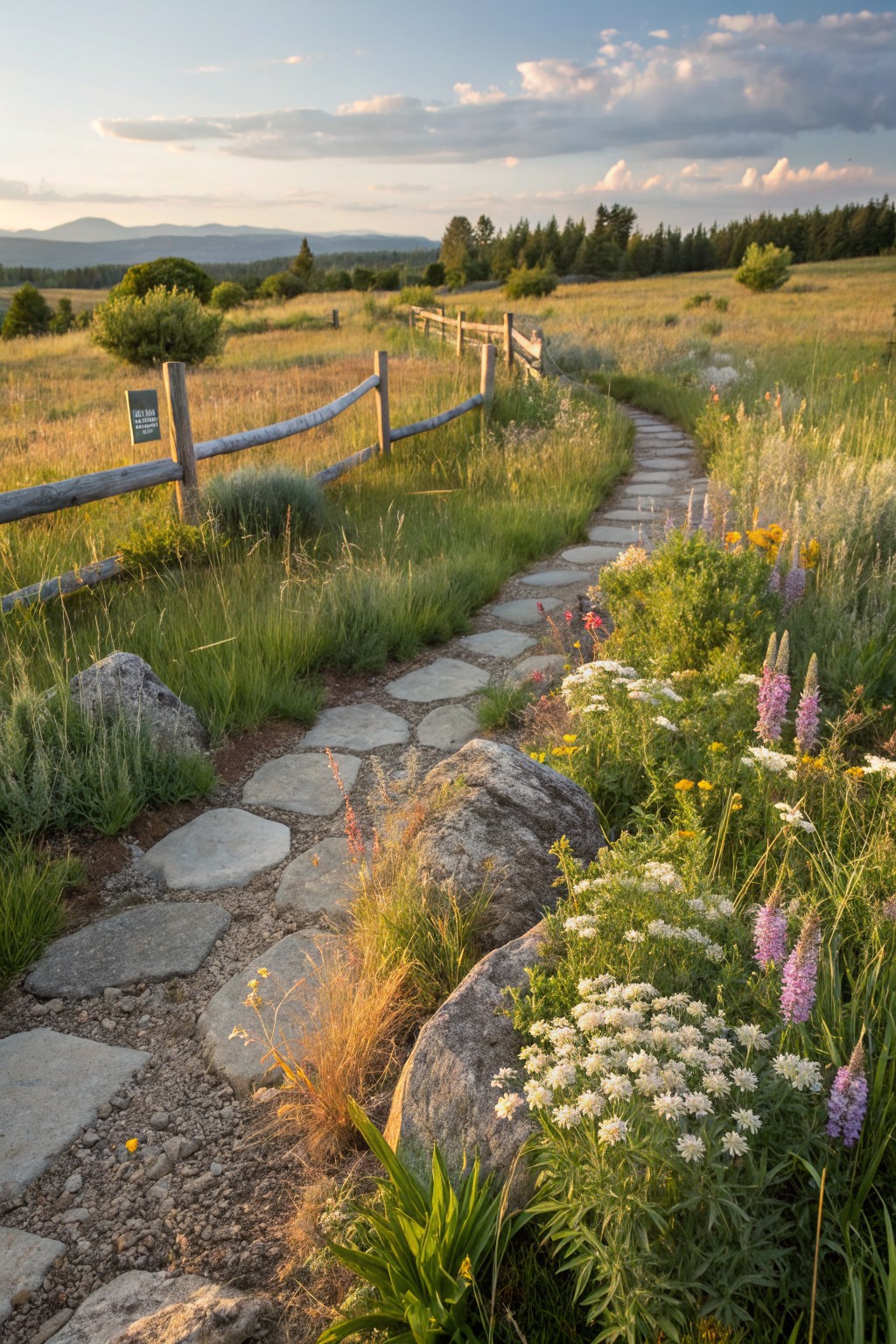 A pathway of irregular flat stones winding through a grassy meadow, bordered by large rocks and surrounded by wildflowers, shrubs, and a wooden rail fence with distant mountains under a partly cloudy sky.