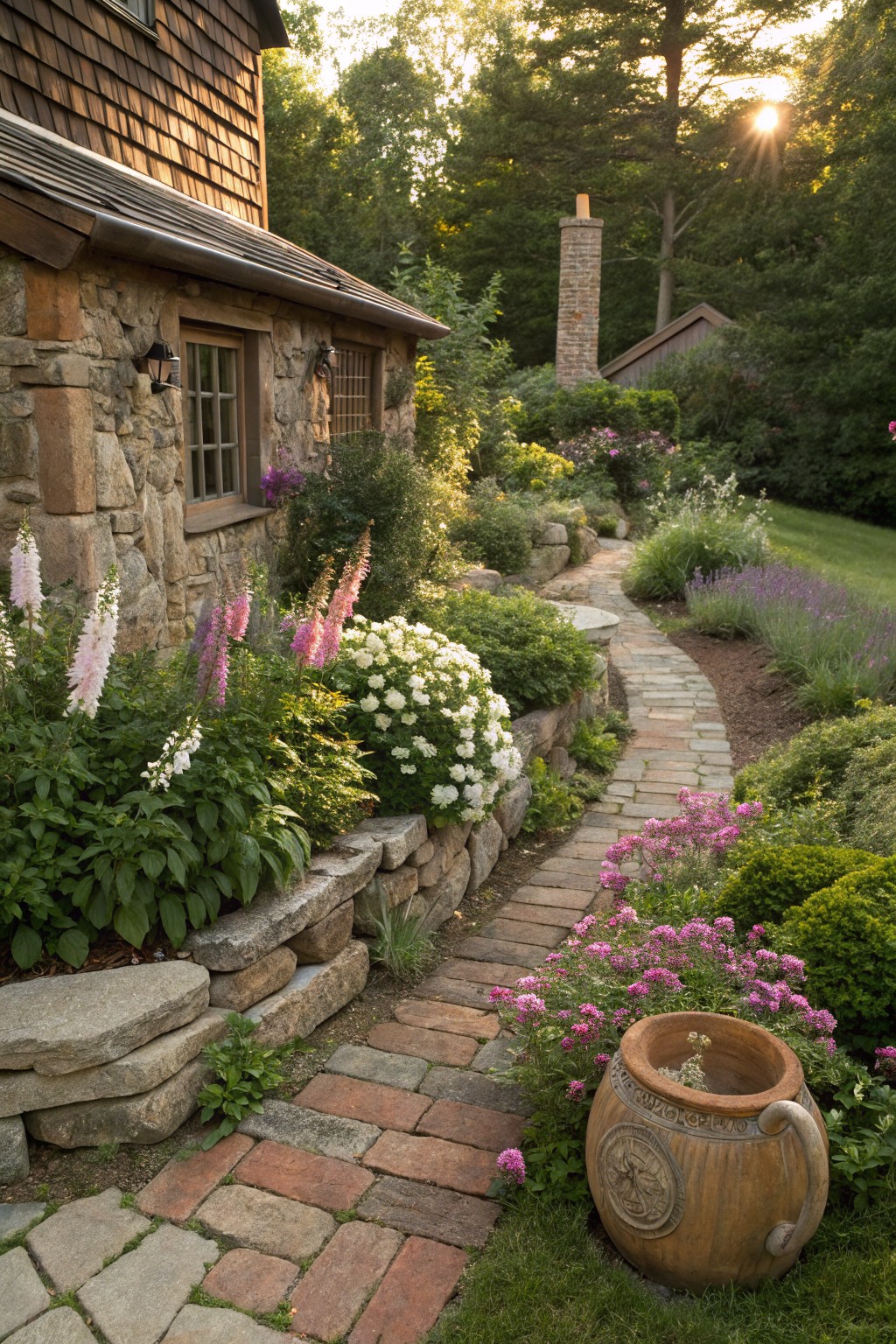 A winding brick path edged by dry-stacked irregular stone walls and lined with pink foxgloves, white flowers, and green shrubs leads alongside a stone house wall in a garden.