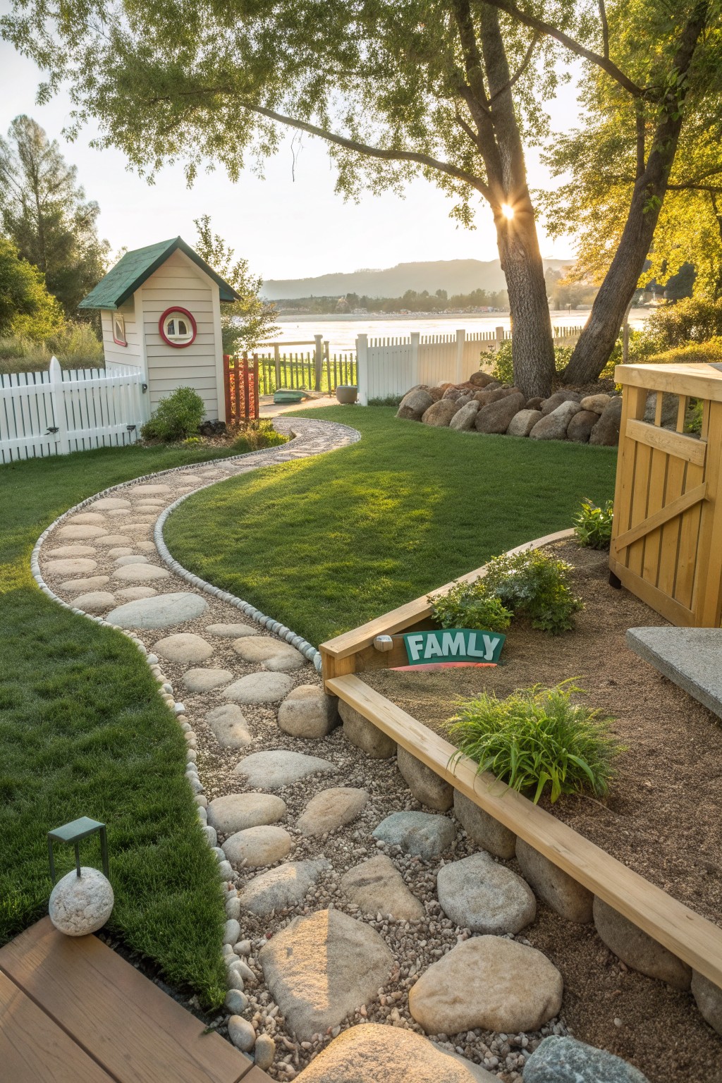 A curving flagstone path winds through a grassy backyard edged with large round rocks and boulders, bordered by lawn, plants, and a wooden deck with a 