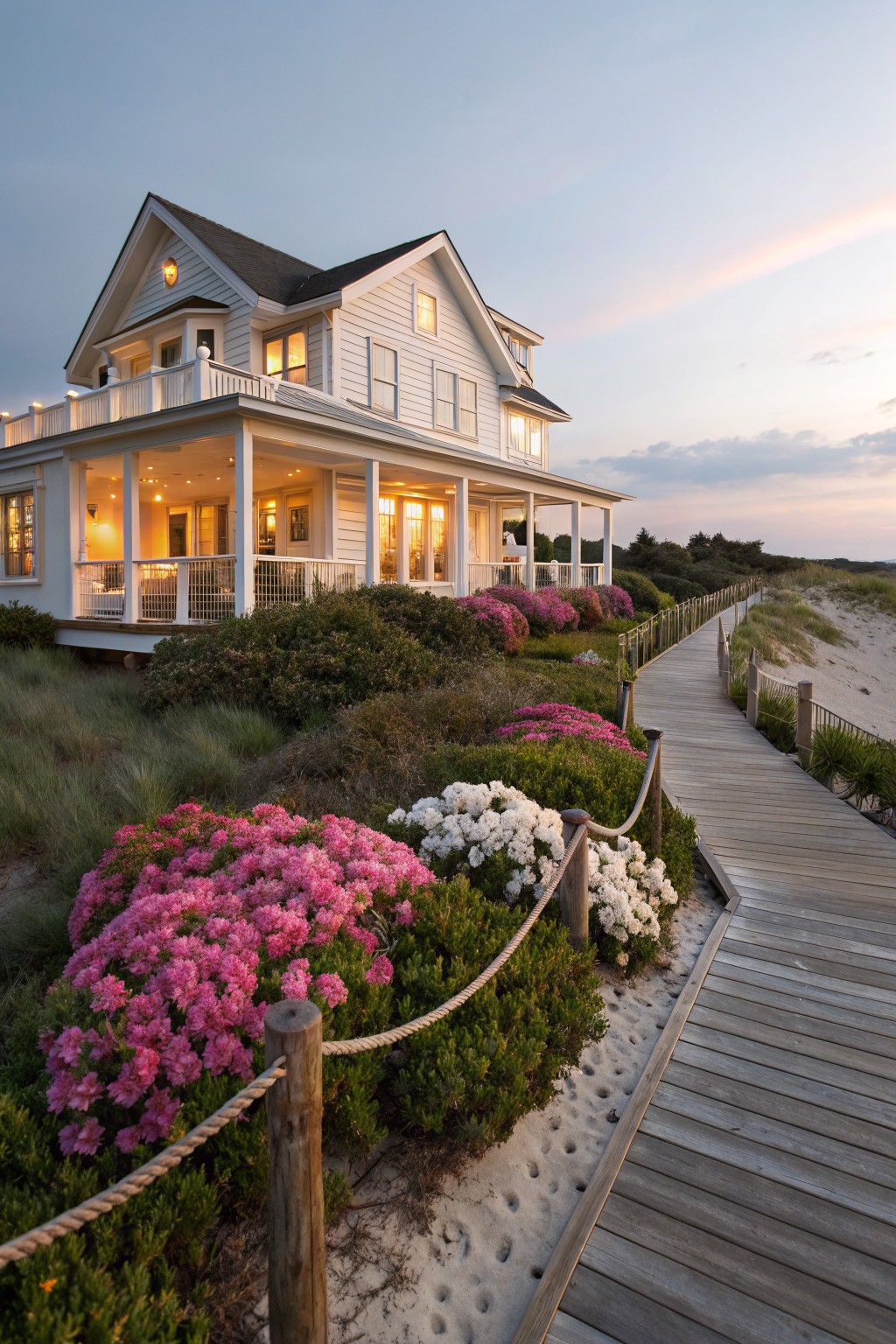 White shingle-style house elevated on coastal dunes surrounded by pink and white azalea shrubs bordering a wooden boardwalk path leading to the beach.