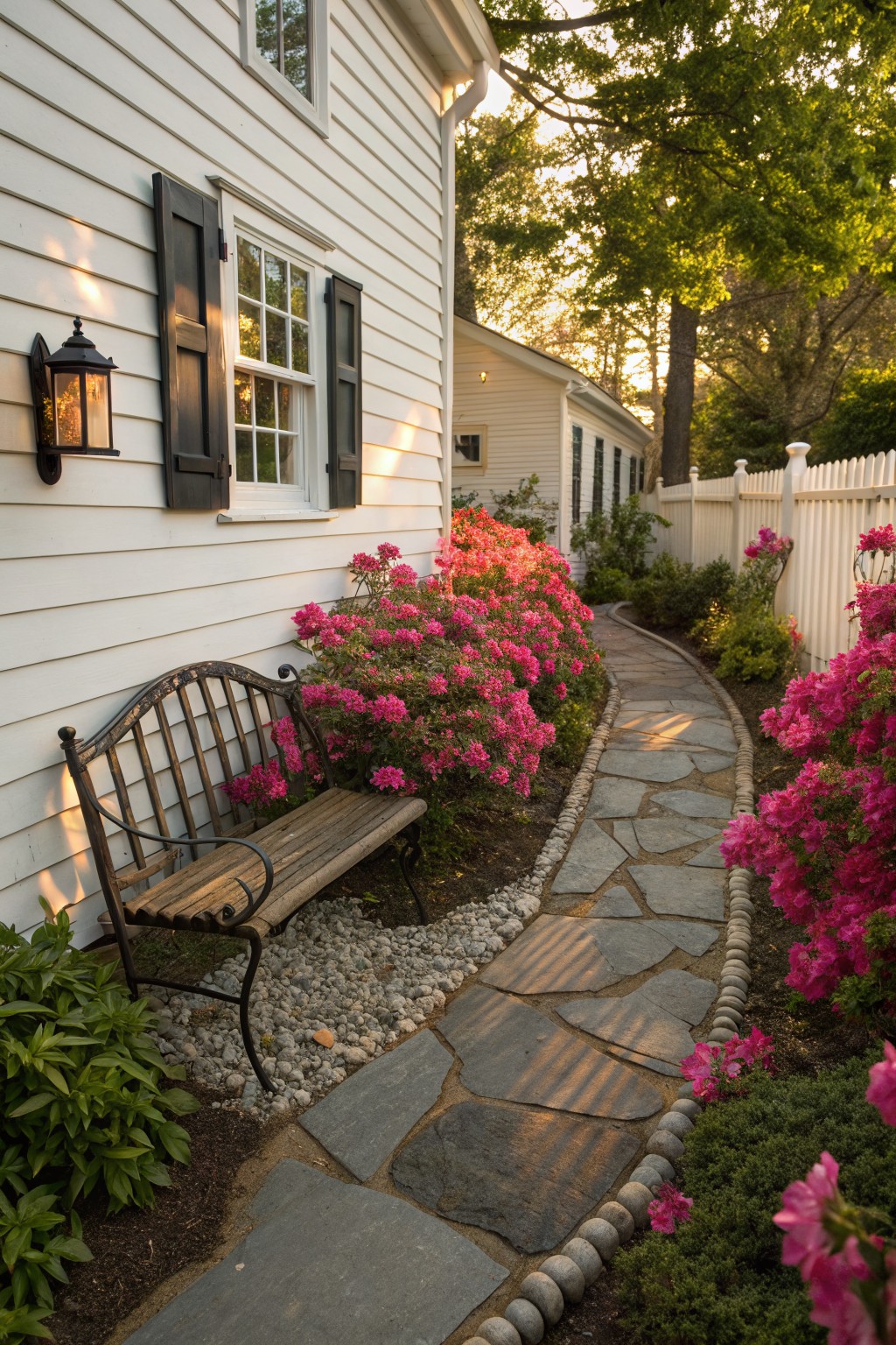 White clapboard house wall beside a curving flagstone path edged in pebbles and dense pink azalea bushes, with a wrought-iron bench positioned near the flowers and a white picket fence in the background.