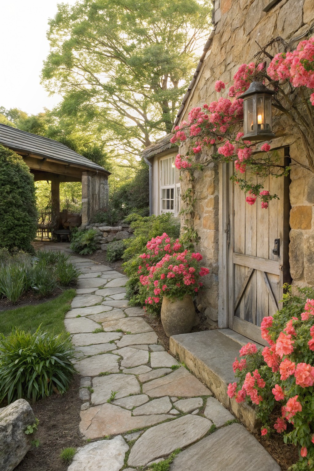 Winding flagstone path bordered by pink azalea bushes leads to a weathered wooden door on a stone building, with climbing roses, a lantern, potted plants, and trees in a garden setting.