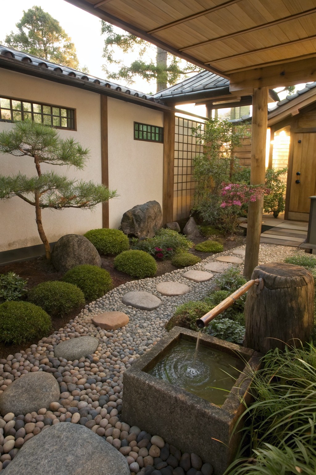 Japanese garden courtyard featuring gravel ground cover, stepping stone path, bonsai pine trees, boulders, low shrubs, pink flowering plants, wooden architecture, shoji screens, and a bamboo-fed stone water basin.