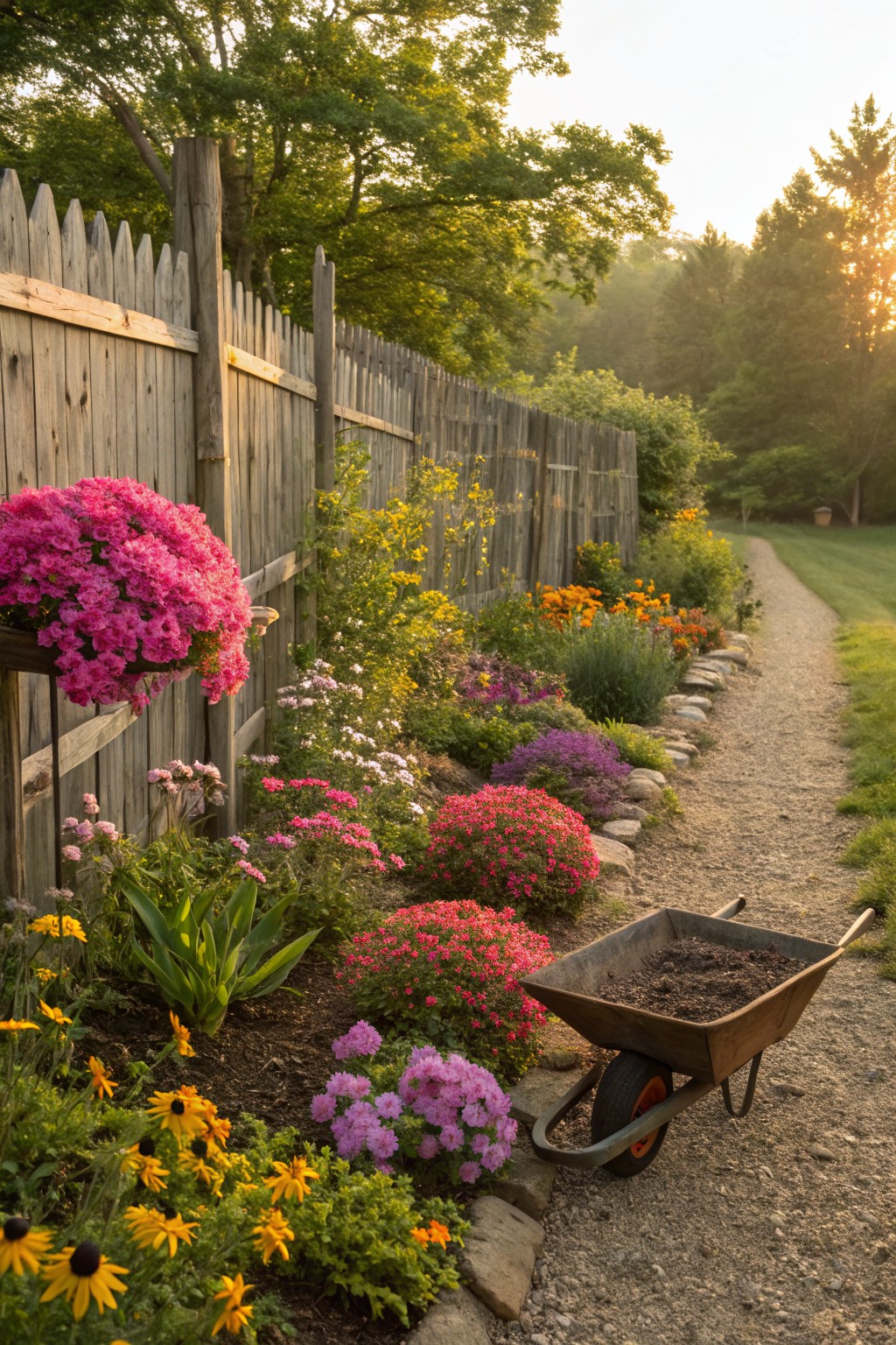 Gravel garden path bordered by flower beds containing pink azalea shrubs, hanging pink flowers, yellow black-eyed Susans, and other perennials next to a wooden picket fence with rocks along the edge and a wheelbarrow filled with soil.