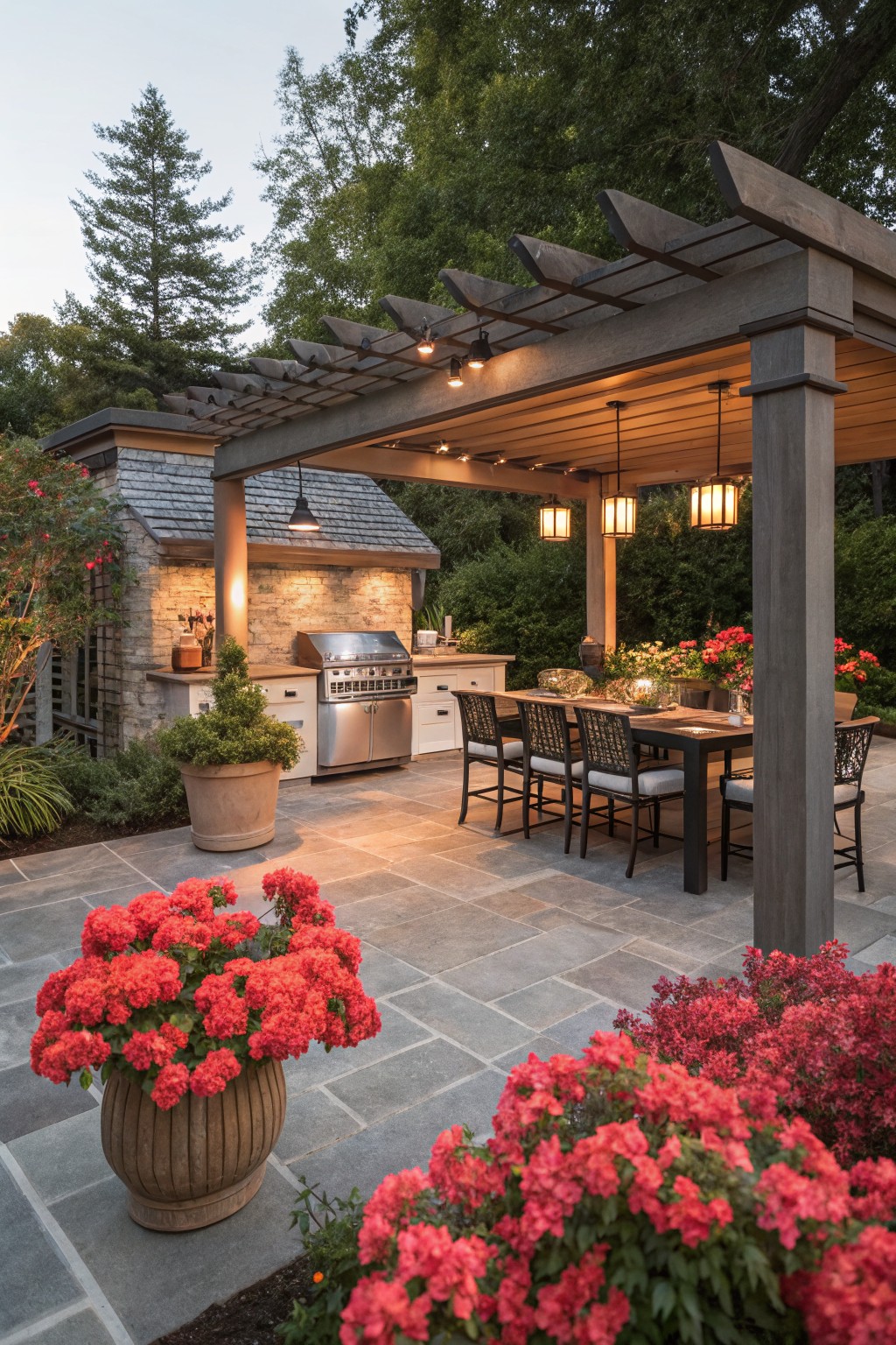 Wooden pergola covers an outdoor kitchen with stone grill and cabinets, dining table with woven chairs on slate pavers, large terracotta pots of red azaleas in foreground and around edges, trees and shrubs in background.