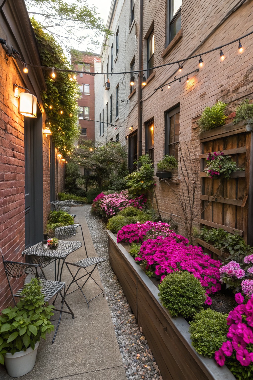 Narrow gravel path between brick buildings lined with raised wooden planters of pink azaleas and greenery, small bistro tables and chairs, string lights overhead, and wall-mounted plants.