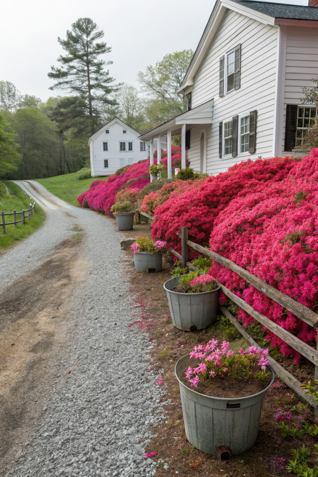 White clapboard house next to a gravel path edged by dense pink azalea bushes along a wooden fence, with several large metal bucket planters of azaleas and a smaller white building in the background.