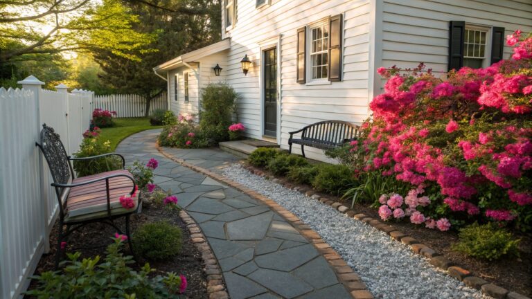 White clapboard house wall beside a curving flagstone path edged in pebbles and dense pink azalea bushes, with a wrought-iron bench positioned near the flowers and a white picket fence in the background.