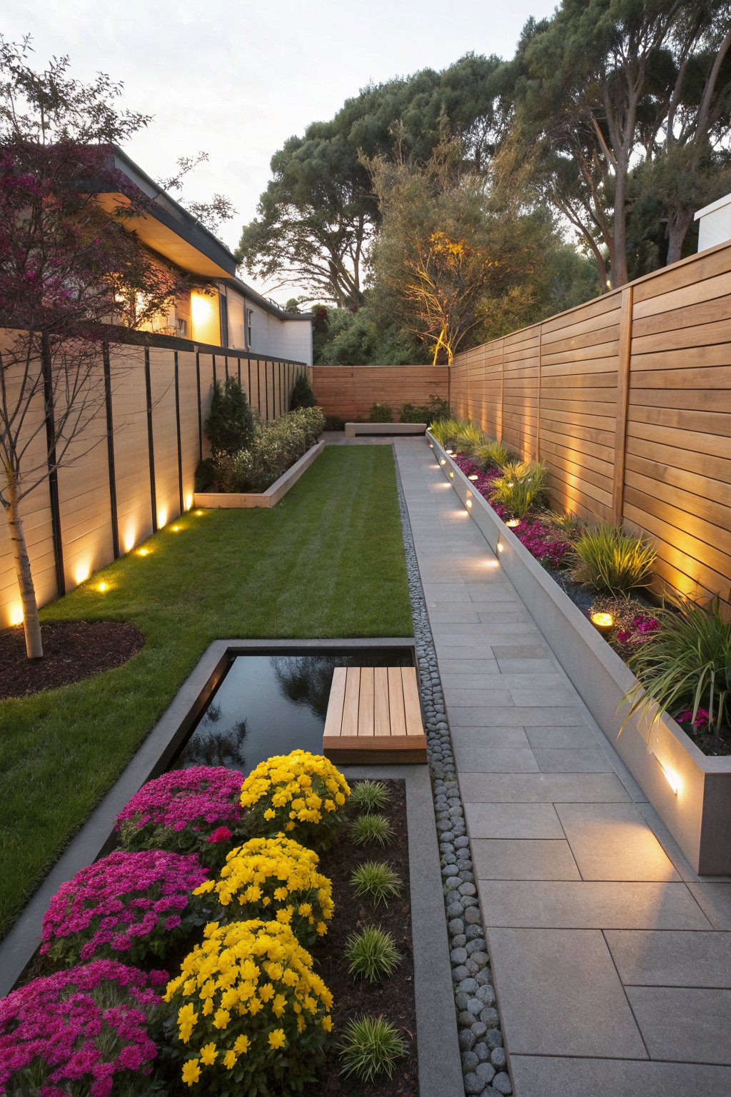 A modern backyard features a straight slate stone pathway flanked by raised wooden planters with pink and yellow chrysanthemum flowers, a small rectangular reflecting pool with a wooden bench, uplights along the edges, green lawn, and wooden fences beside a contemporary house.