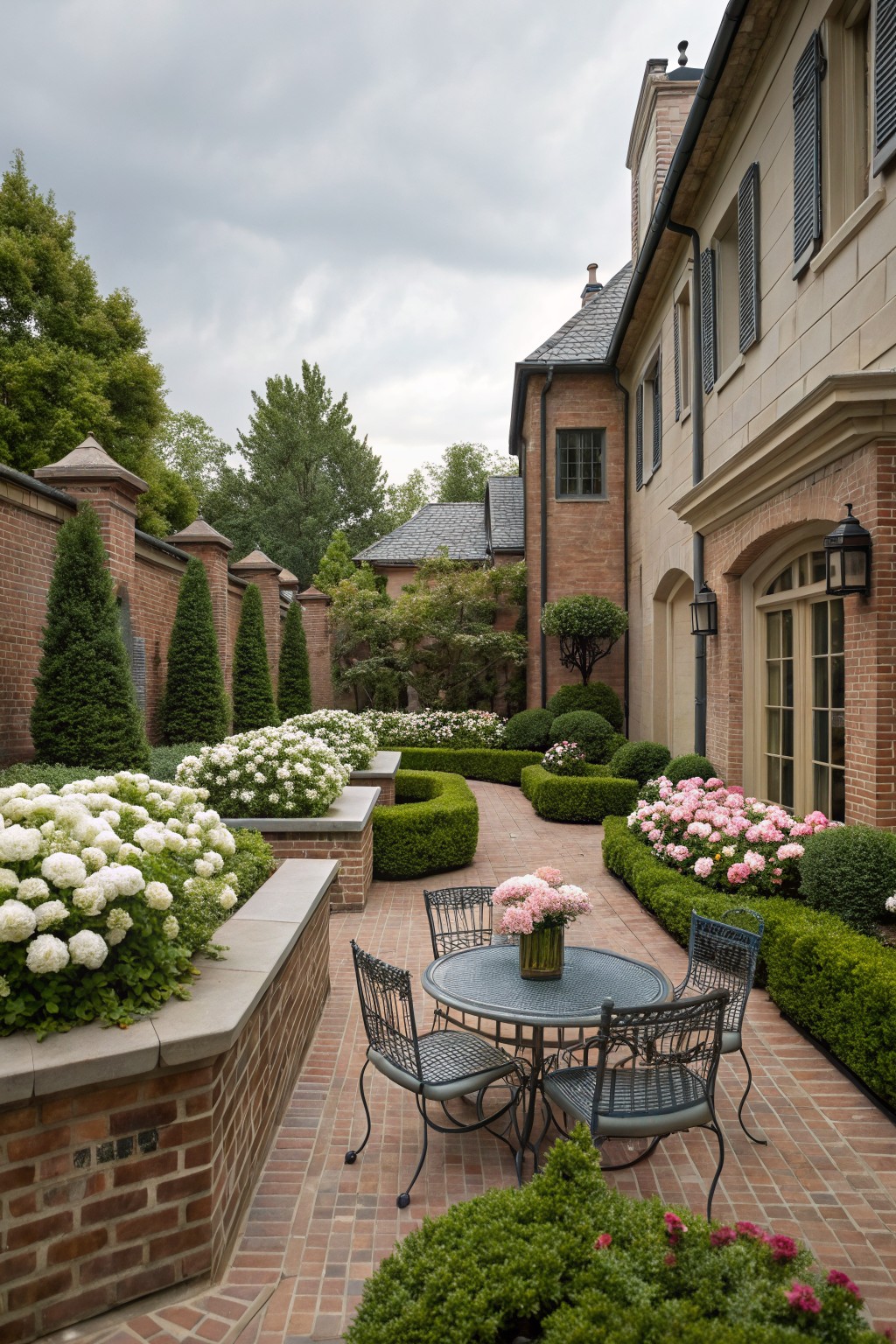 Brick pathway bordered by tall boxwood hedges and raised brick planters overflowing with white hydrangea blooms, next to a beige brick house wall with arched doors, outdoor metal table and chairs, under overcast sky.