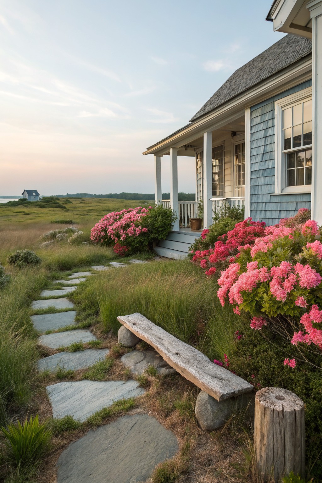 Blue shingled house with wraparound porch and windows, pink flowering shrubs along a stone path with wooden bench and tall grasses leading toward distant water and landscape.