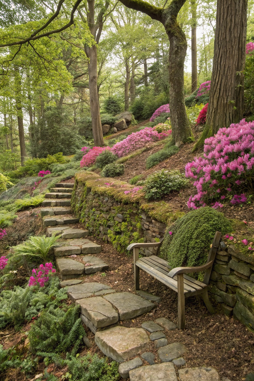 Winding stone steps ascend beside a moss-covered stone retaining wall overflowing with pink azalea blooms, ferns, and greenery on a wooded hillside, with a wooden bench seated against the wall.