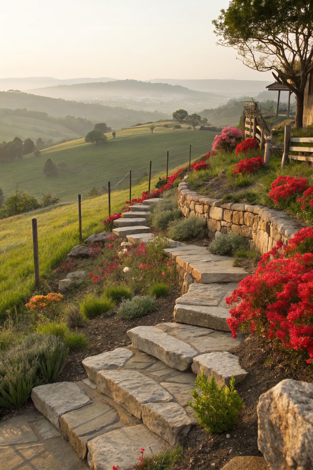 Irregular stone steps ascending a hillside garden bordered by red azalea bushes, stone retaining walls, grasses, and shrubs, with green rolling hills and distant mountains in soft morning light.