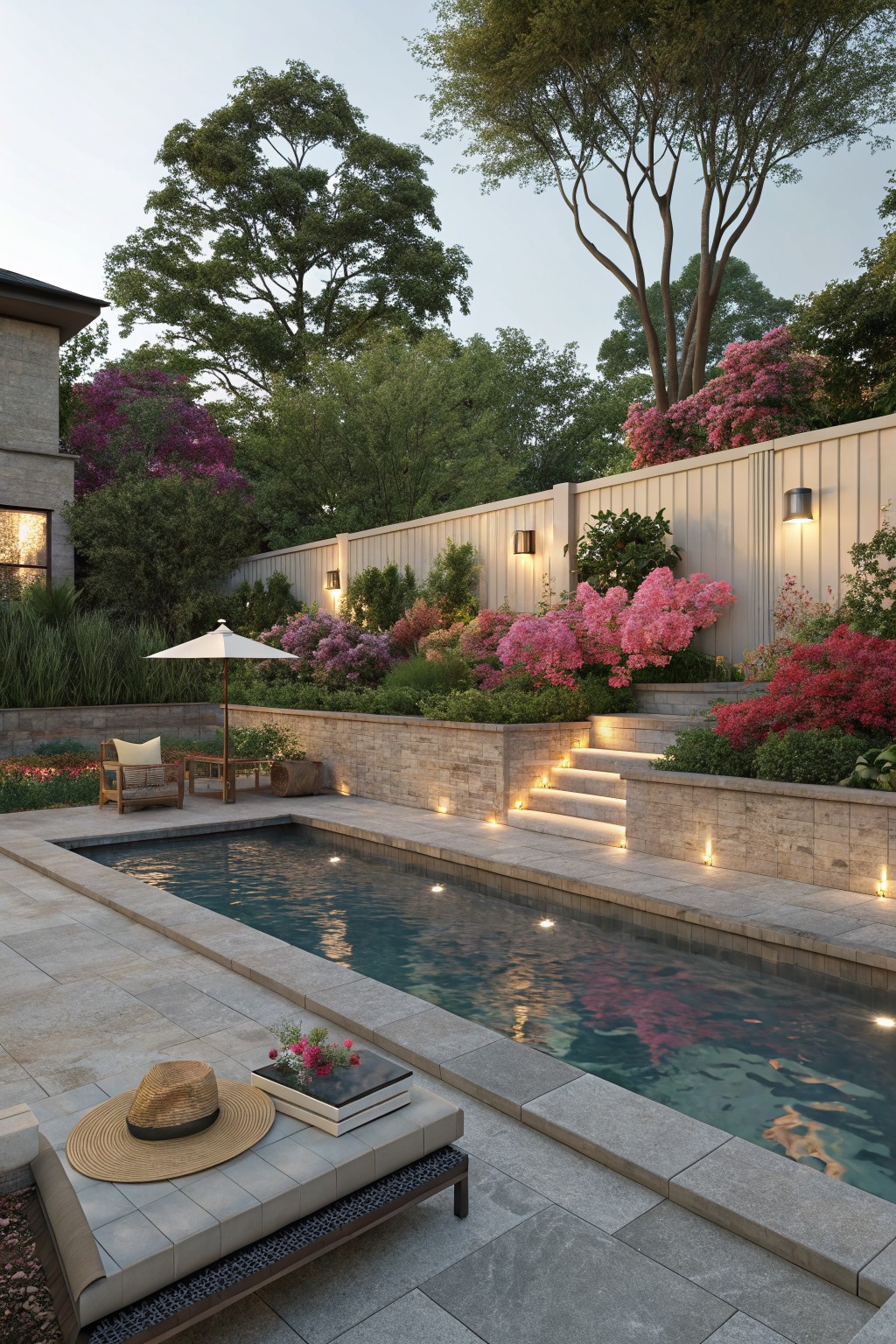 Narrow in-ground pool with underwater lights and adjacent gray stone deck, wooden lounge chair under umbrella, low daybed with hat and book, tiered stone retaining walls planted with pink azaleas and shrubs leading to beige fence and house at dusk.