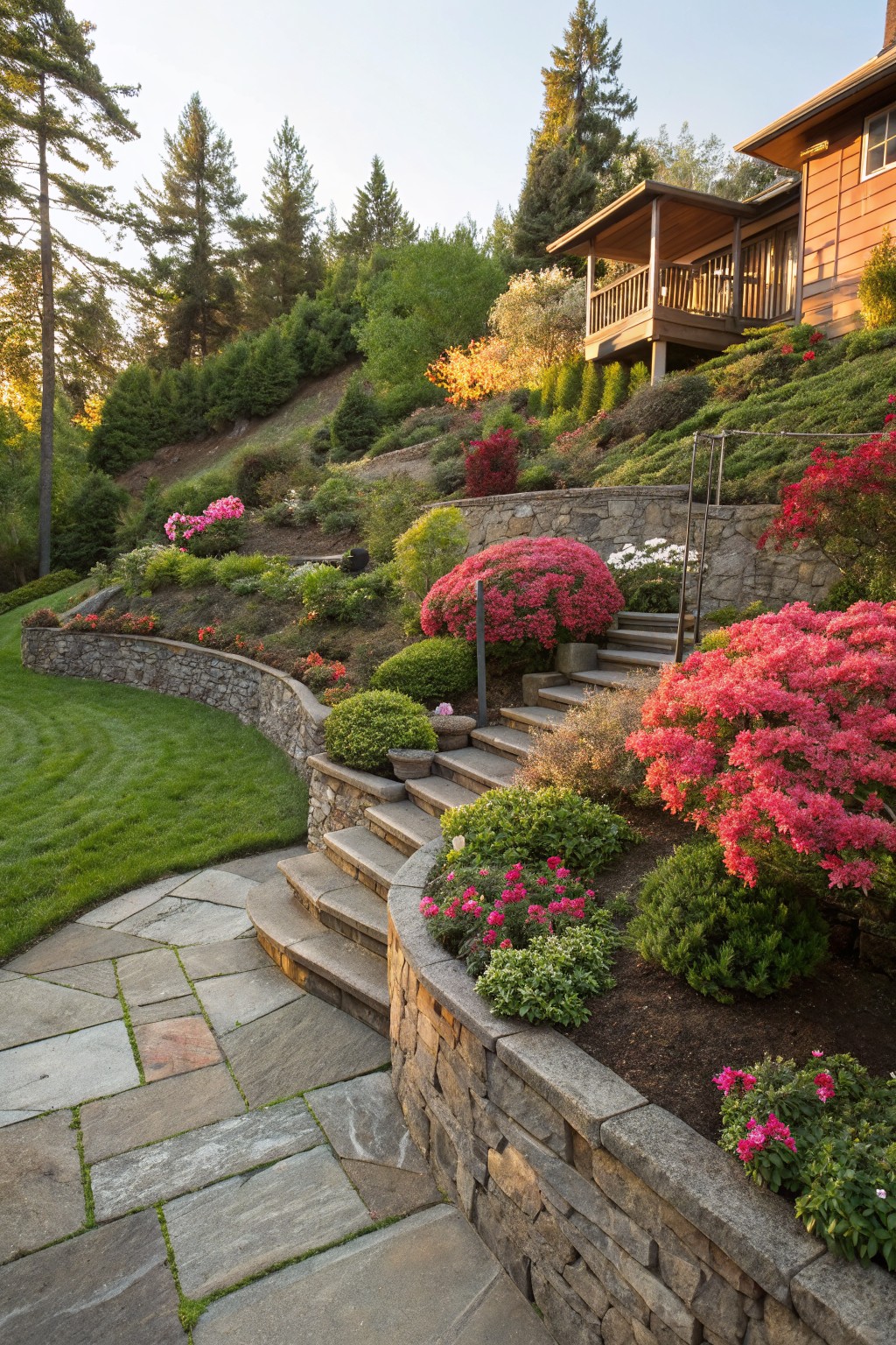 Sloped garden with curved stone retaining walls terraced by pink azalea shrubs and other plants, winding stone steps leading uphill to a wooden house amid trees.