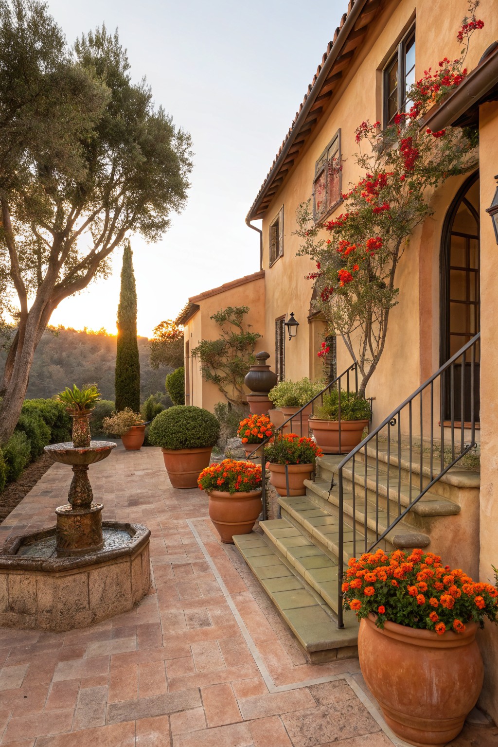Beige stucco house with red-tiled roof, terracotta-tiled patio featuring a stone fountain, steps with black railings leading to an arched entry door, surrounded by large terracotta pots of orange flowers, potted plants, olive trees, cypress trees, and climbing bougainvillea at sunset.