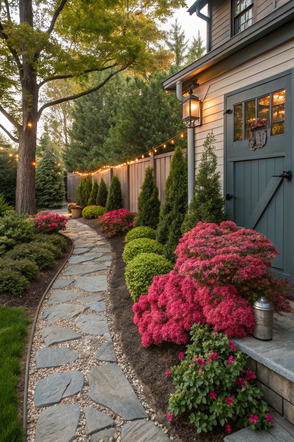 A curved flagstone path winds through garden beds planted with pink azalea bushes, green shrubs, and conifers, bordered by a wooden fence with string lights, leading to a gray double garage door on a house exterior.