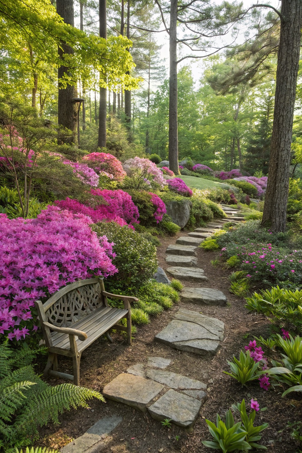 A winding flagstone path through dense pink azalea plantings and ferns in a sun-dappled pine forest, with a carved wooden bench positioned beside the path near blooming shrubs.