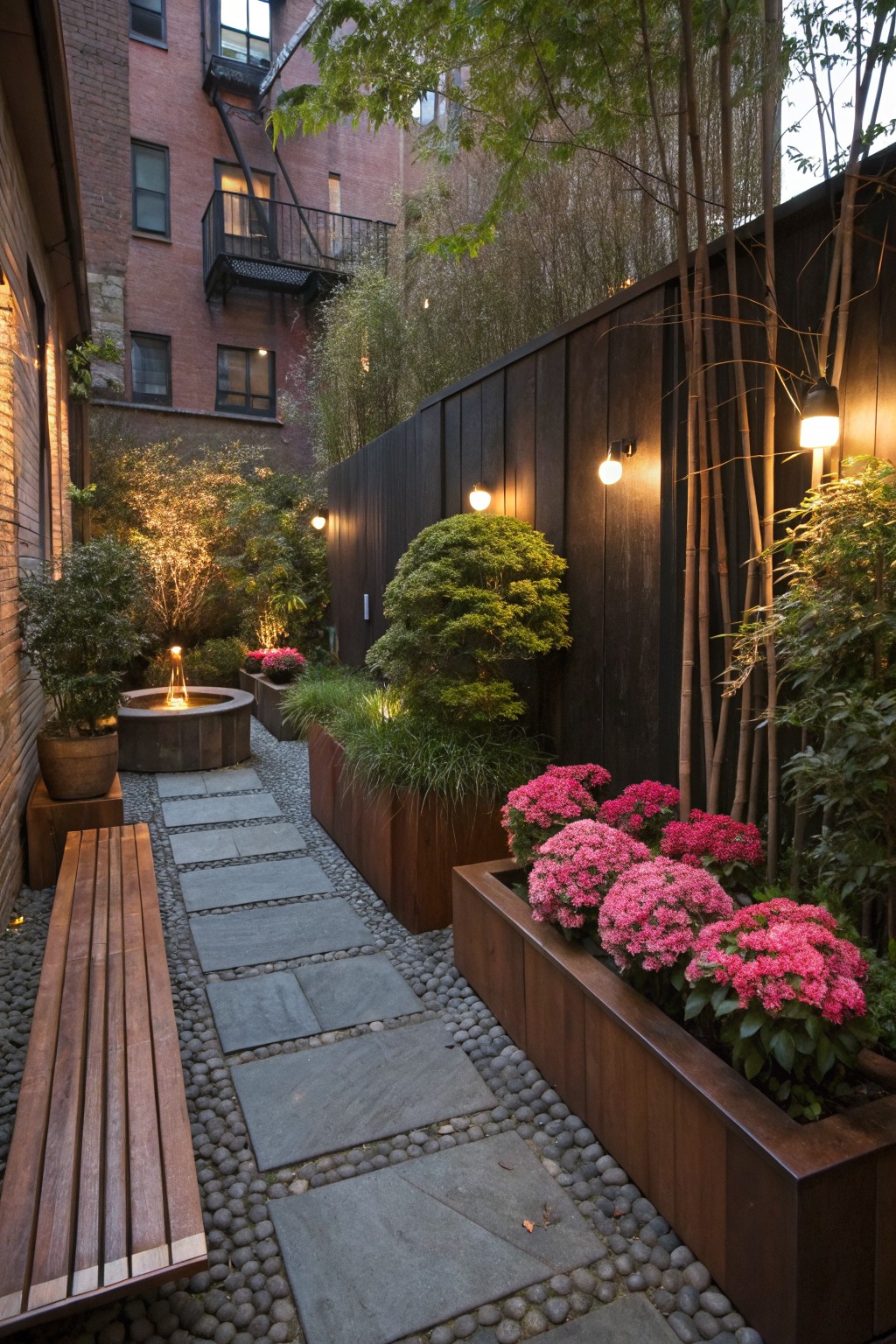 Wooden Planters of Azaleas Line a Narrow Path