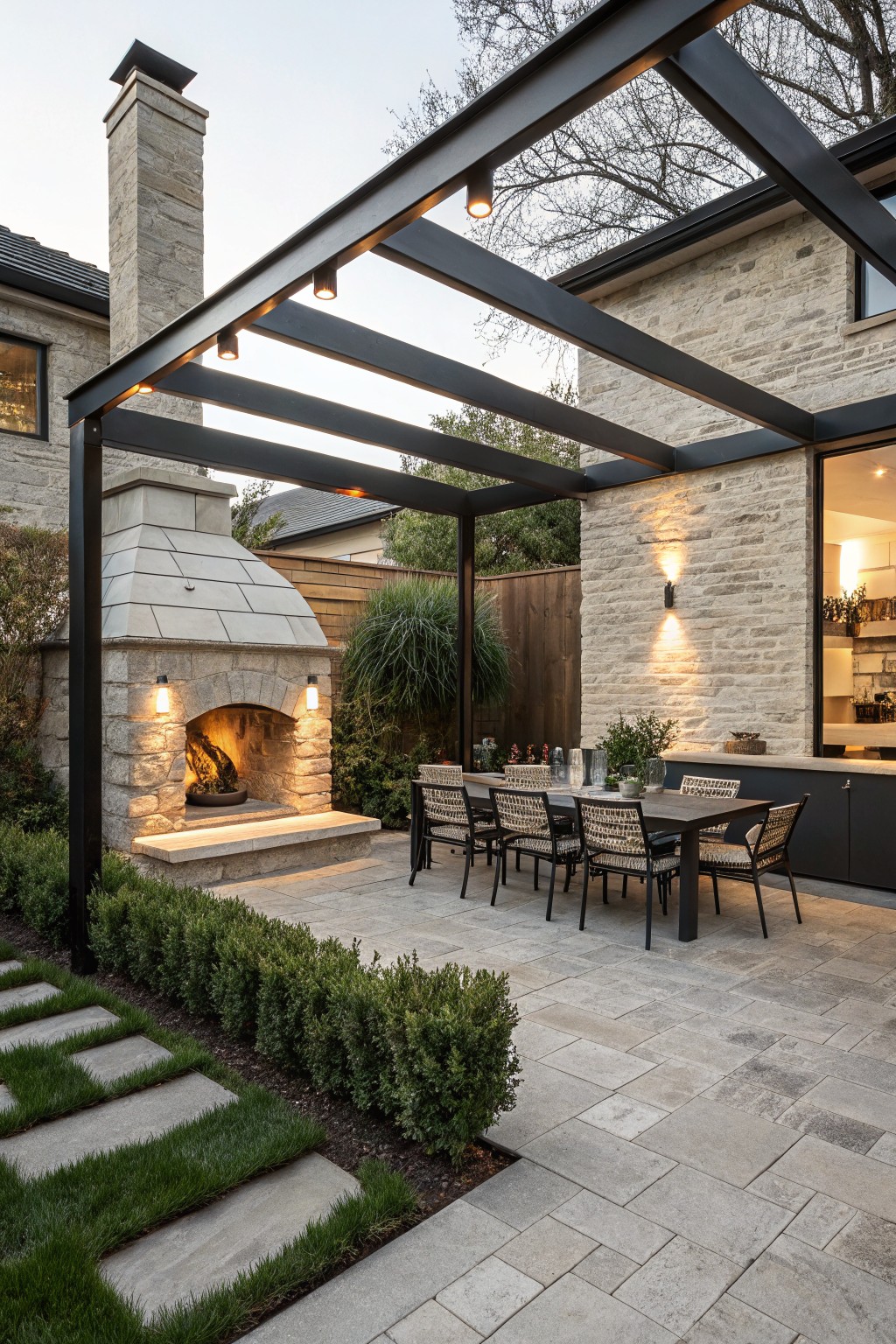 Backyard patio with black steel pergola overhead, lit stone outdoor fireplace, dark wood dining table and chairs on light stone pavers, boxwood hedges, grass steps, and adjacent stone house wall with large windows.