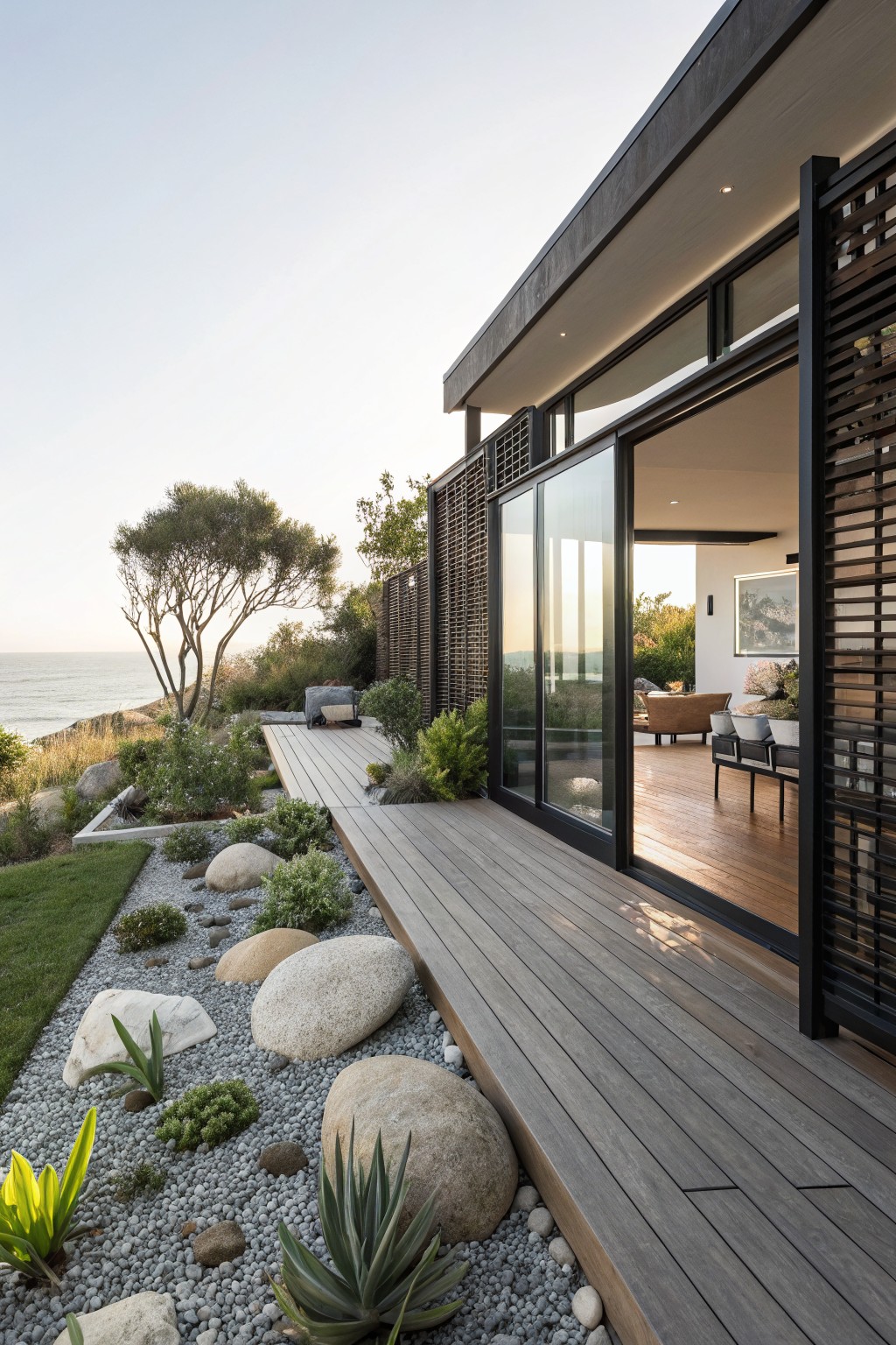 Modern black-clad house with large sliding glass doors opening from an interior living area onto a wide gray wooden deck edged by large white boulders, succulents, grasses, and pebbles overlooking the ocean.