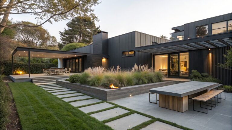 Black-clad modern house with large glass doors opening to a pergola-covered concrete patio bordered by tall feathery grasses, wooden dining table with chairs, and lawn beyond.