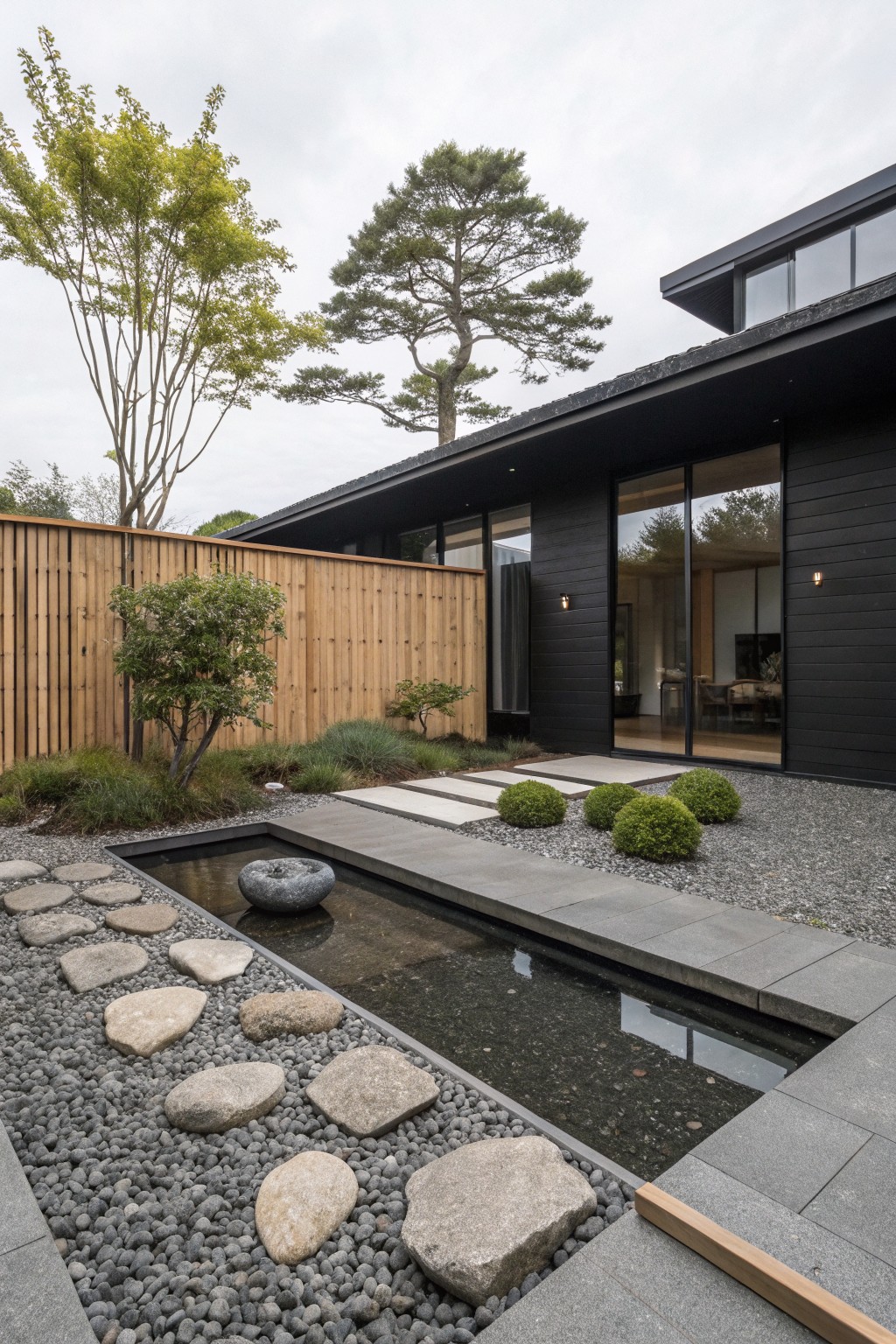 Modern black house exterior with large glass entry doors overlooking a backyard gravel garden featuring a narrow water channel with stone basin, stepping stones, low round shrubs, and a bamboo fence.