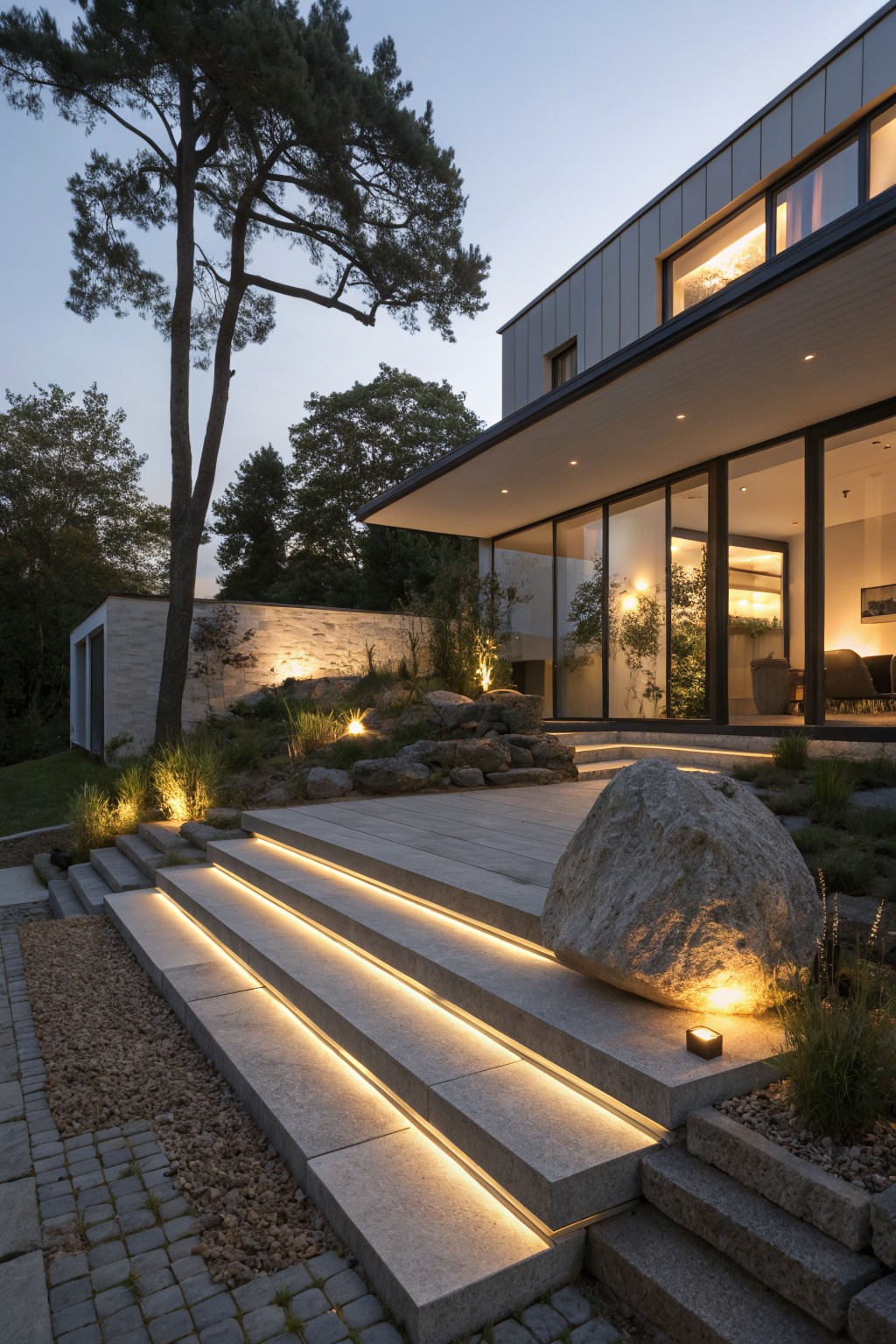 Contemporary house exterior at dusk with multi-level granite steps edged in white LED lights leading to a glass patio, large boulder and grasses to the side.